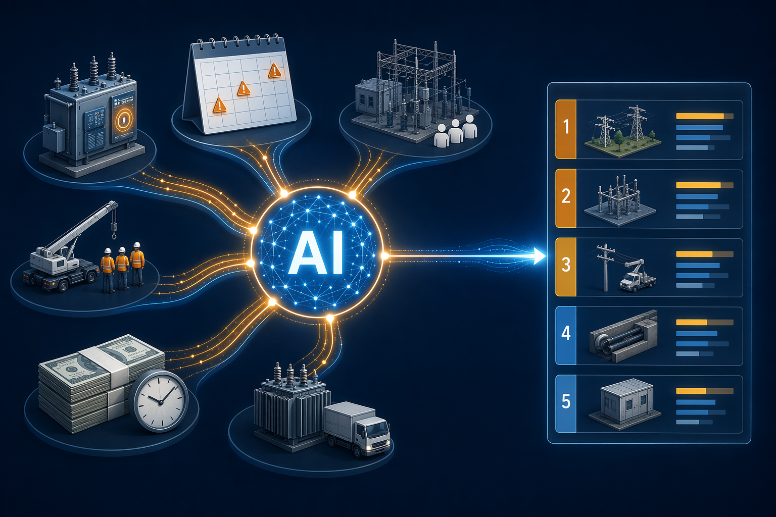 AI decision node combining asset condition, outage probability, customer impact, workforce capacity, capex availability, and equipment lead time