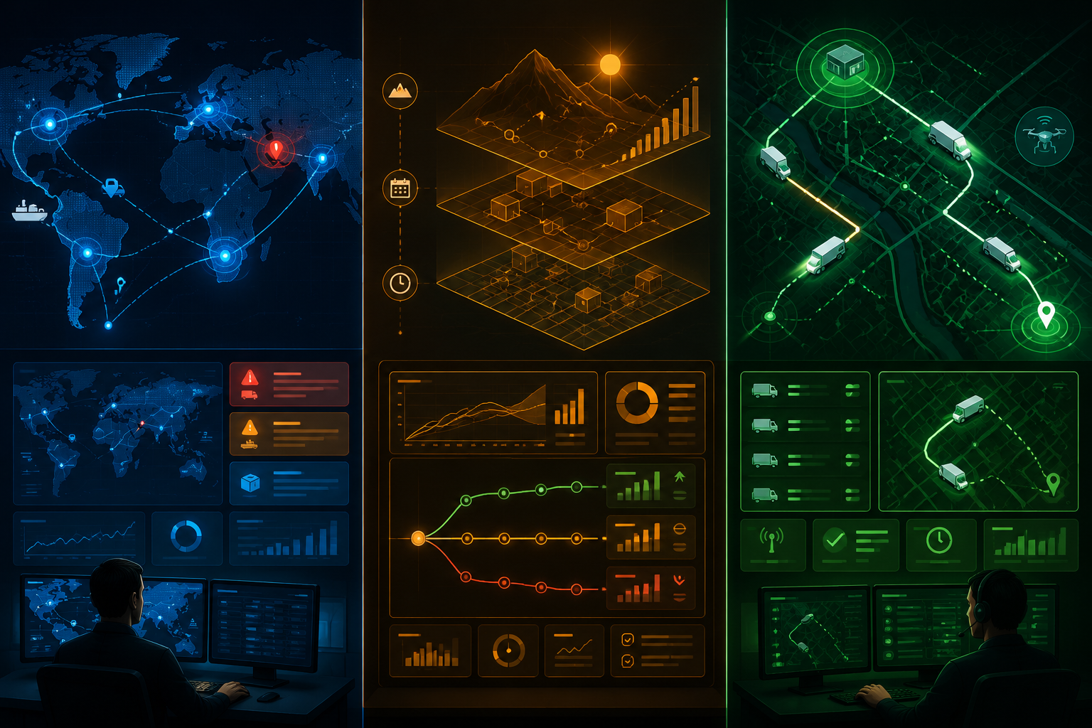 Three-column comparison of visibility-led, planning-led, and execution-led control tower models