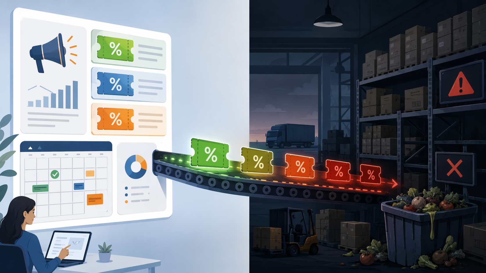 Digital coupon moving from a marketing dashboard into a warehouse with stockout and spoilage indicators