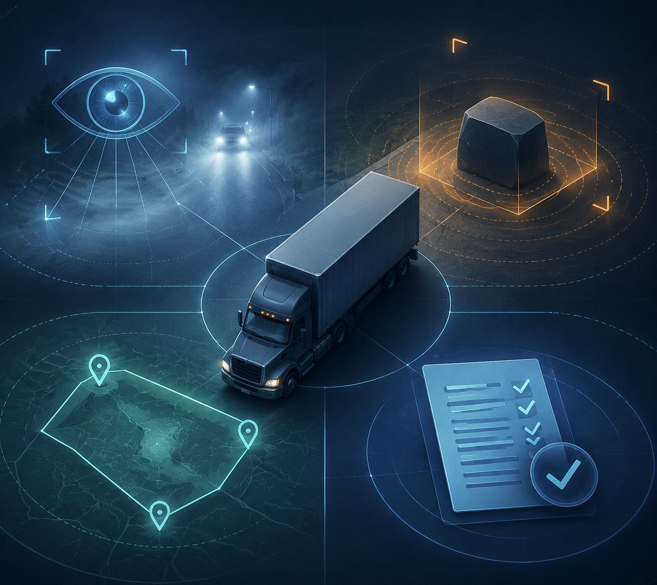 Conceptual autonomous truck surrounded by evaluation zones for perception, obstacles, operating domain, and metrics