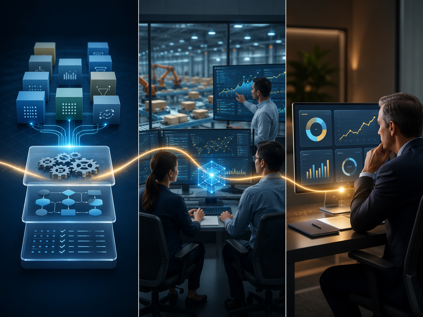 Three-panel view of supply chain AI execution patterns: standardized data, embedded workflows, and CFO-reviewed ROI metrics