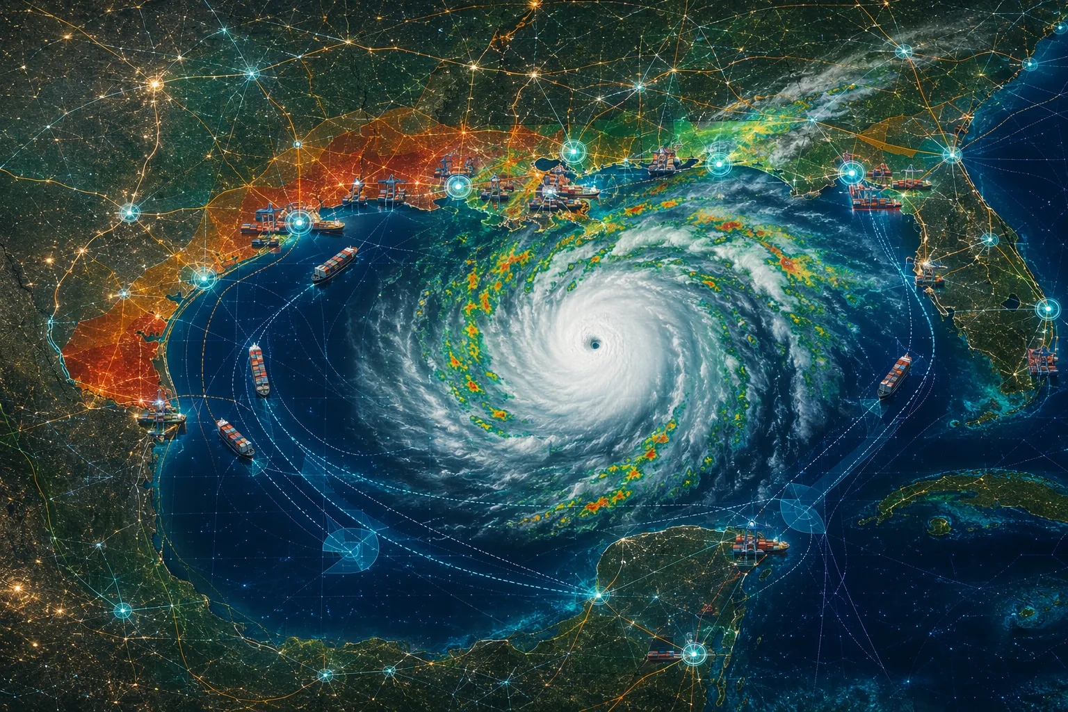 Tropical Storm Bertha approaching the Gulf Coast over a logistics map with ports, trucking routes, shipping lanes, risk zones, and AI monitoring indicators