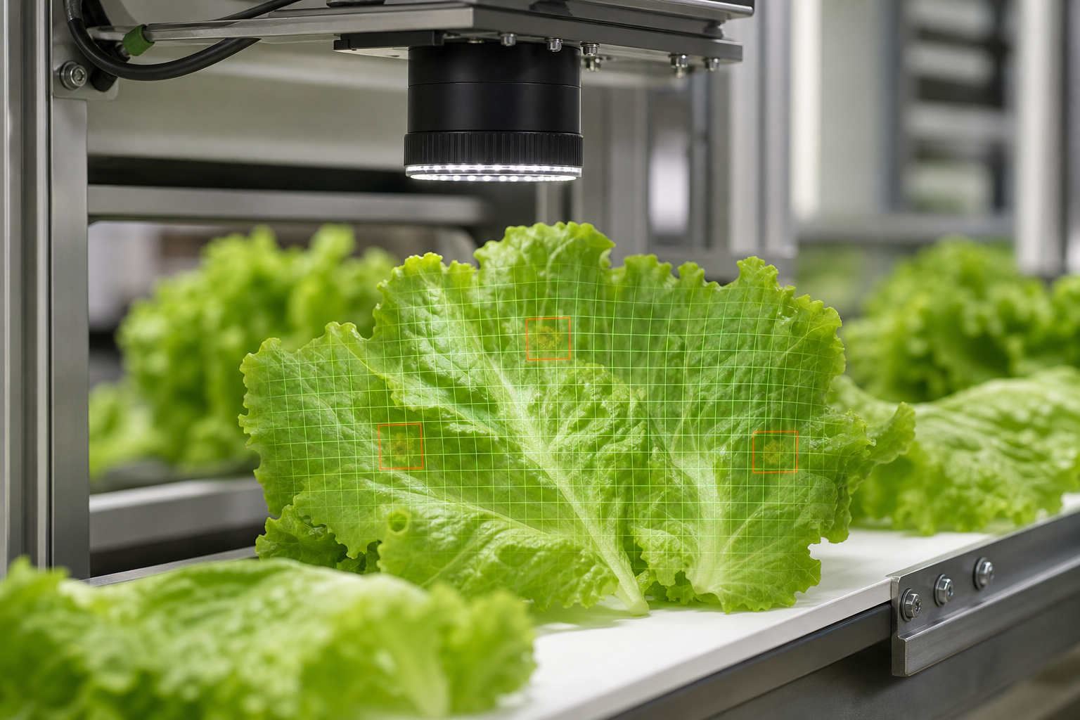 Lettuce on a conveyor belt passing under an inspection camera with a grid overlay for defect detection