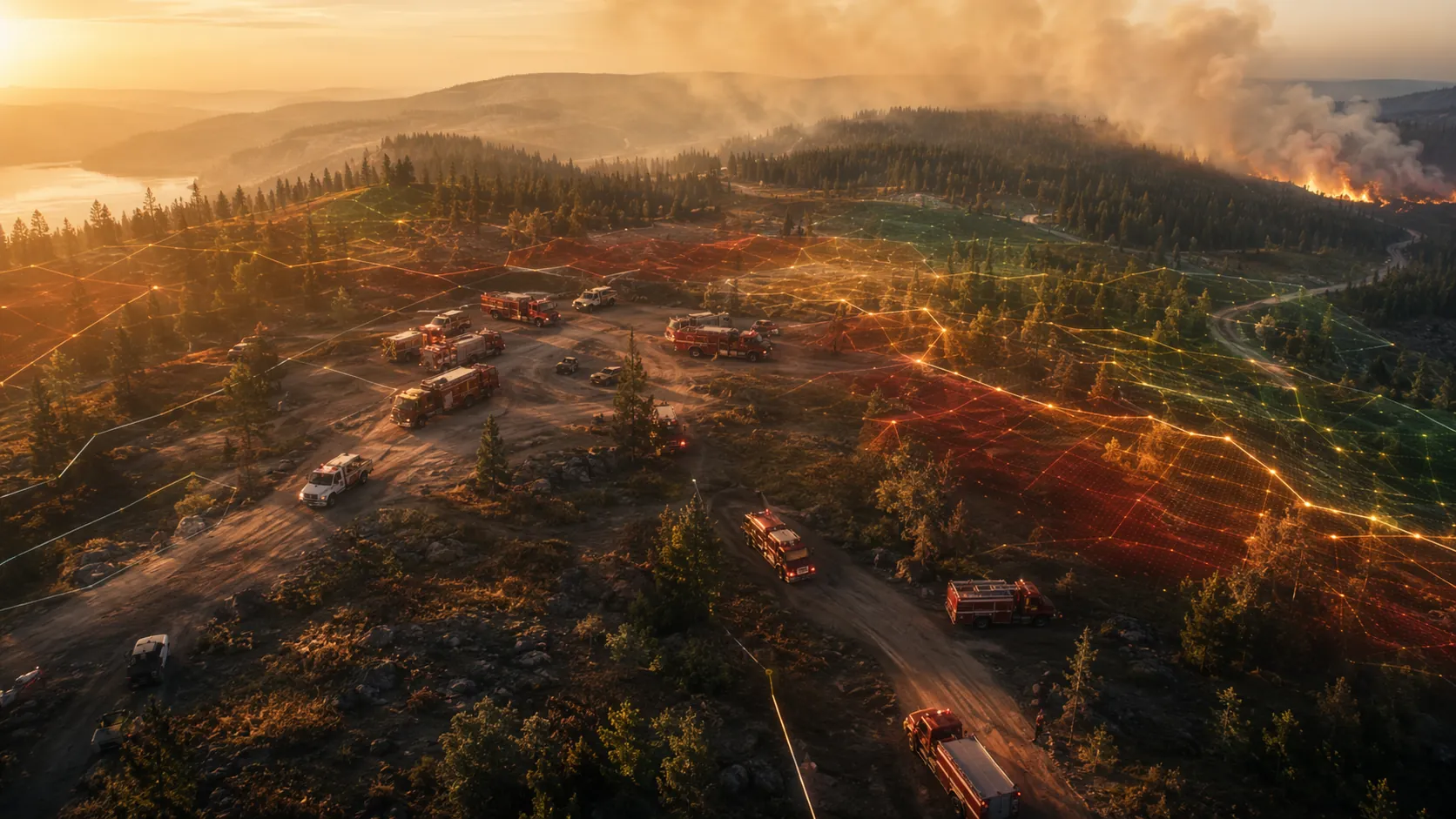 Fire engines and emergency vehicles staged across forested terrain with data-informed risk zoning