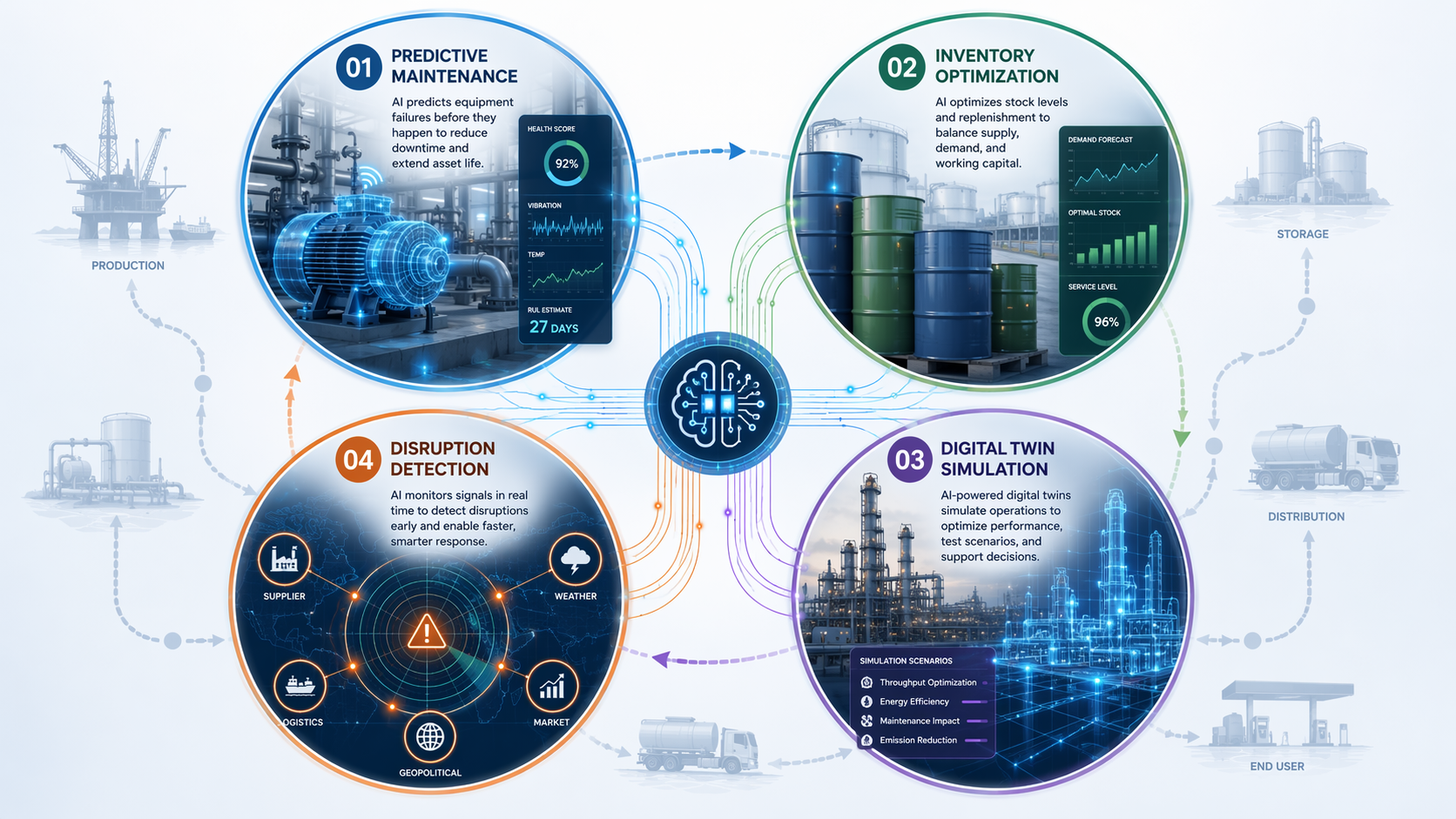 Four interconnected AI application areas for energy supply chains: predictive maintenance, inventory optimization, digital twin simulation, and disruption detection