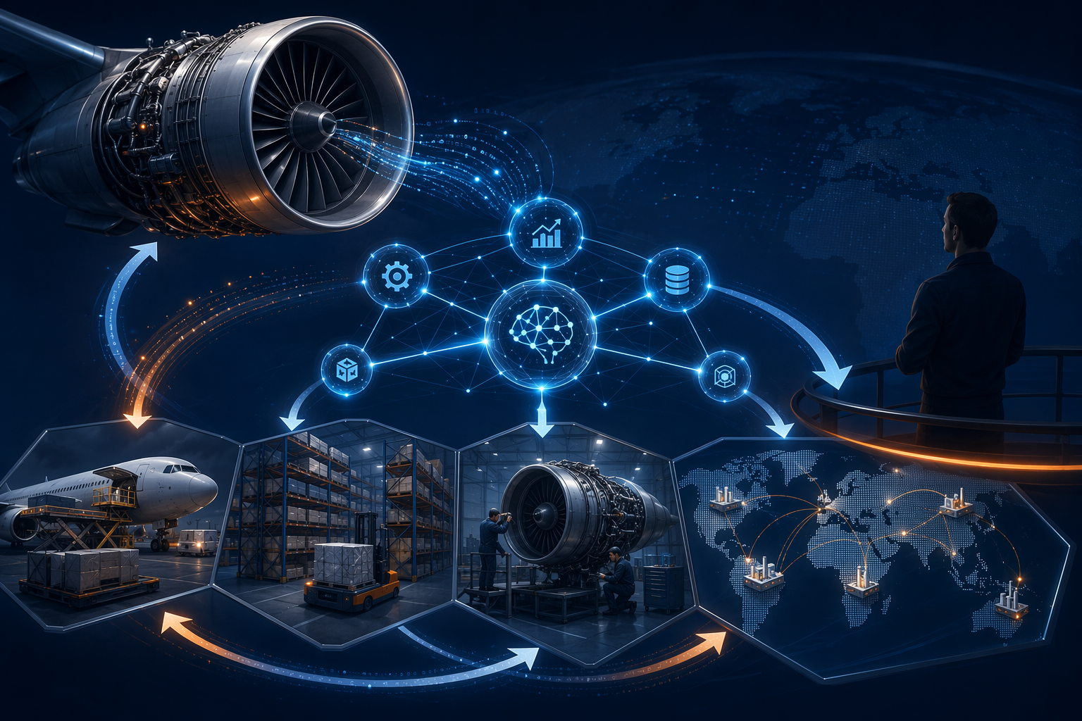 Aircraft engine data flowing through agentic AI nodes to fulfillment, sourcing, and MRO with human oversight