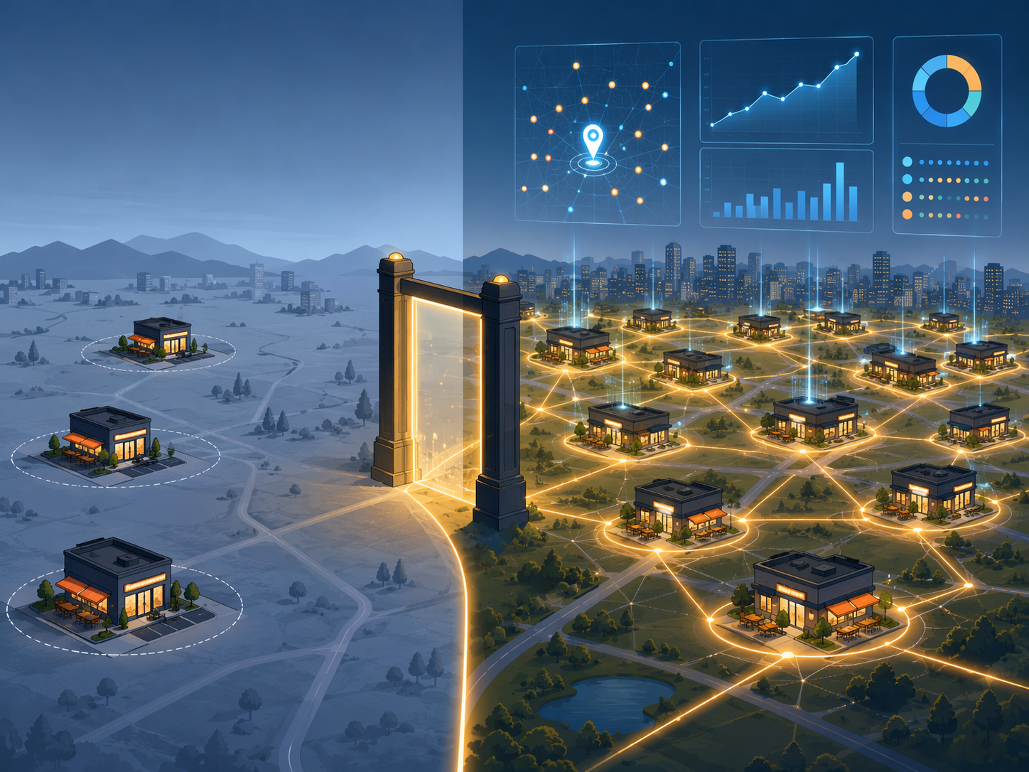 Split view contrasting sparse standalone restaurants with a dense connected network and a threshold gateway.