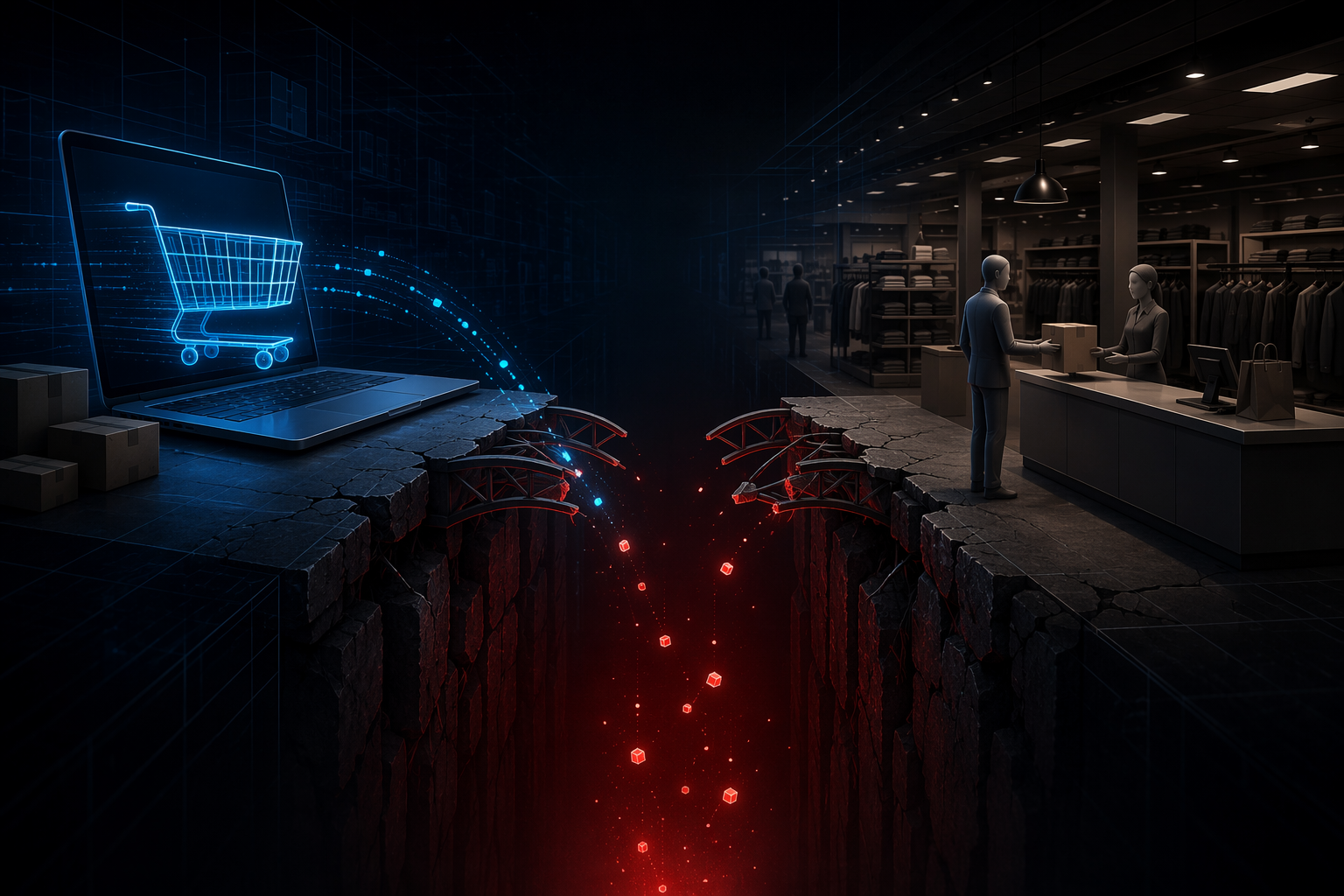 A digital shopping cart and a physical store return counter separated by a broken data bridge