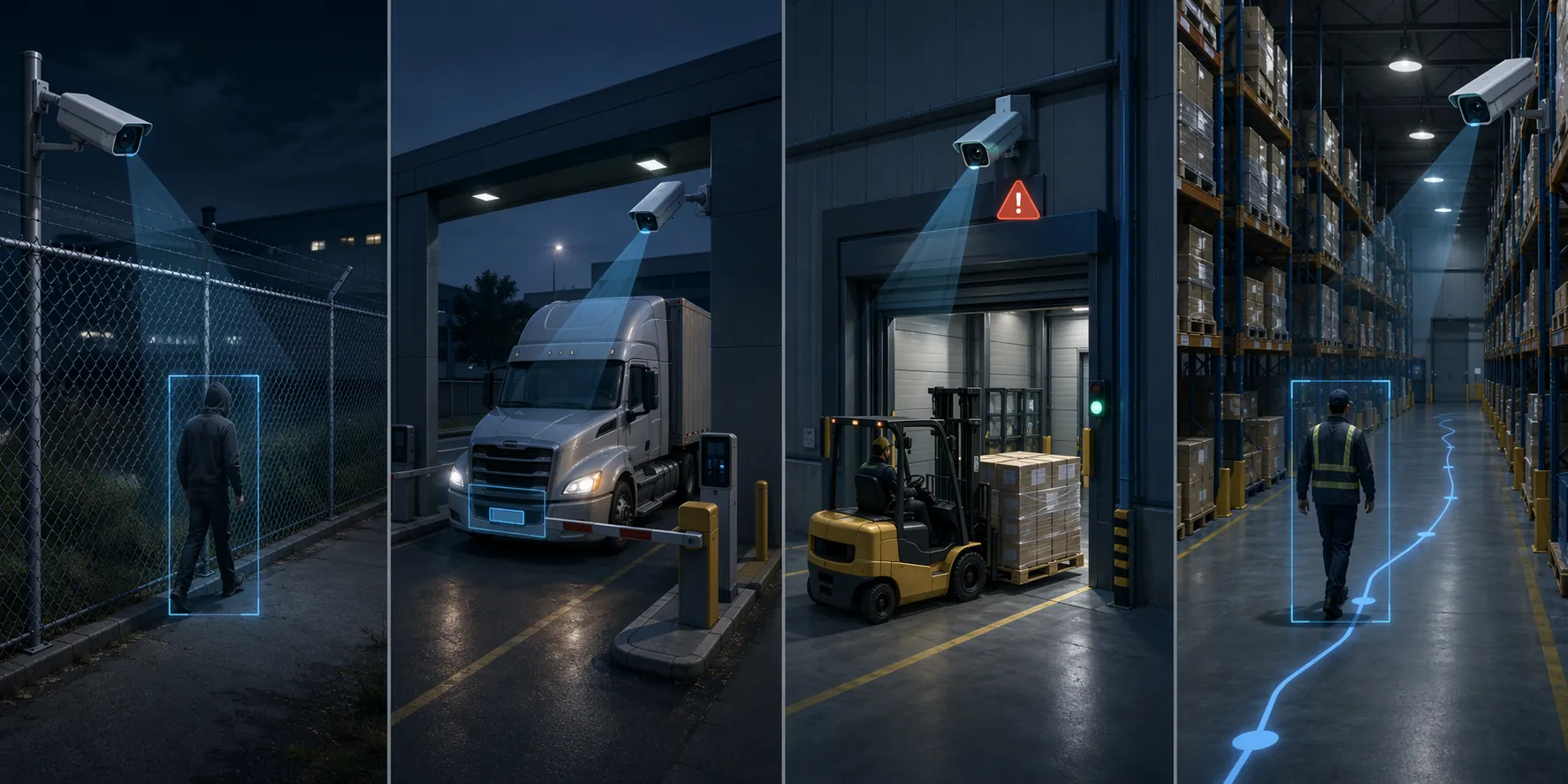 Infographic of AI-monitored supply chain security zones including perimeter, gate, loading dock, and warehouse aisle