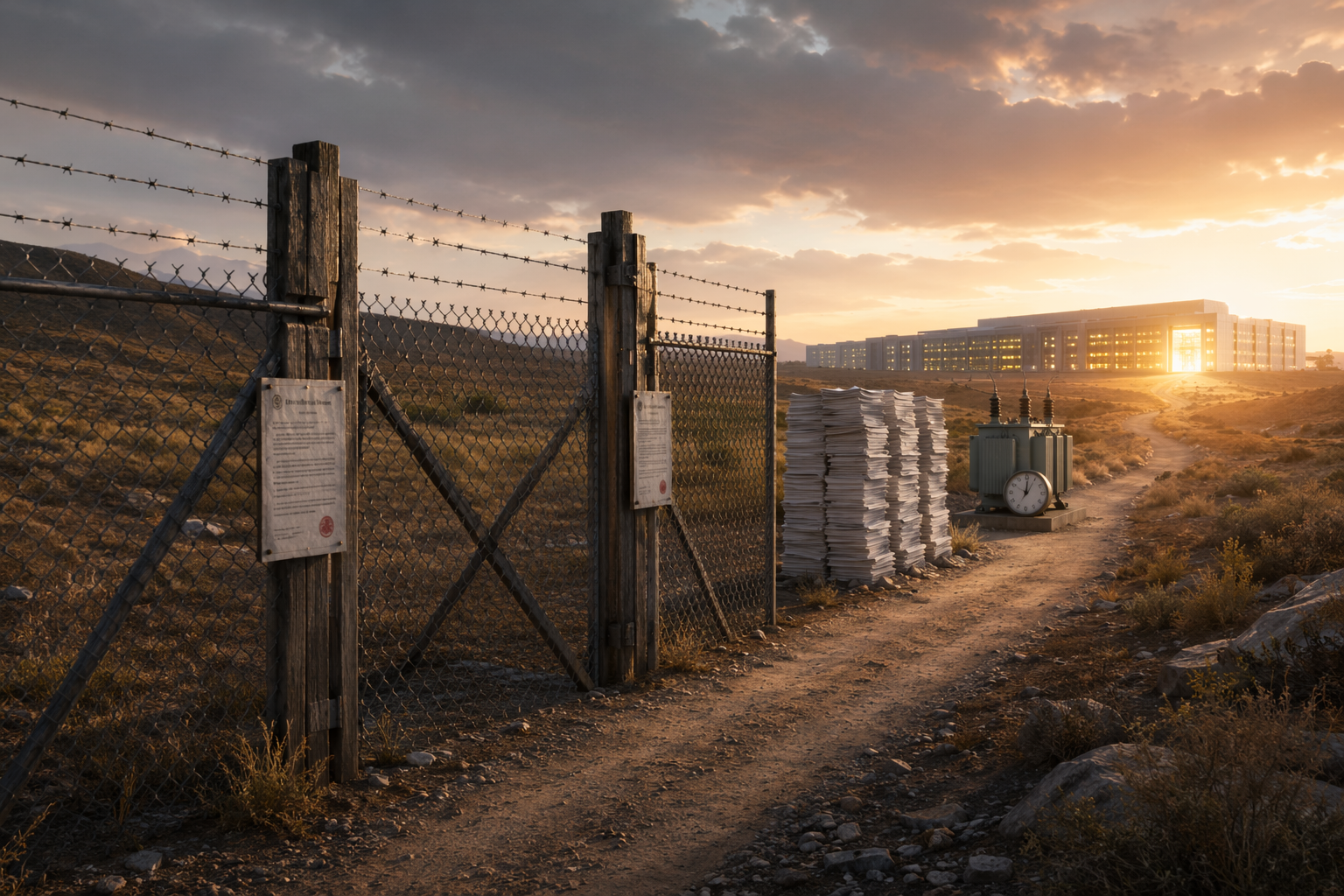 Three bottlenecks on the path to a data center, with a contested eminent domain corridor shown as larger than interconnection queues and transformer lead times