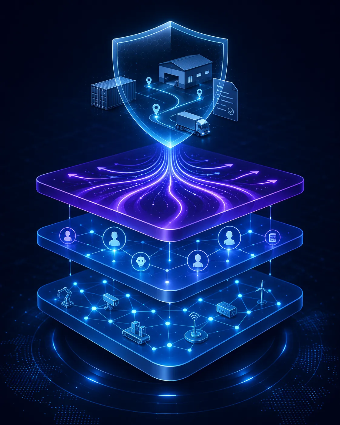 Three interlocking layers of asset visibility, identity intelligence, and AI orchestration converging under a shield over supply chain operations