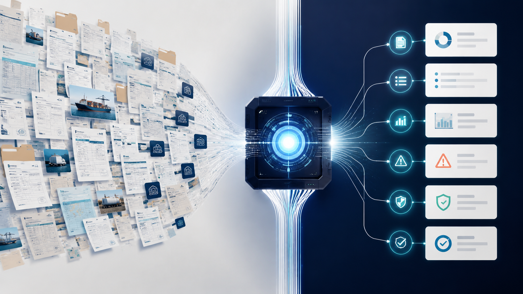 Supply chain documents flowing into an AI analysis engine with structured summaries emerging