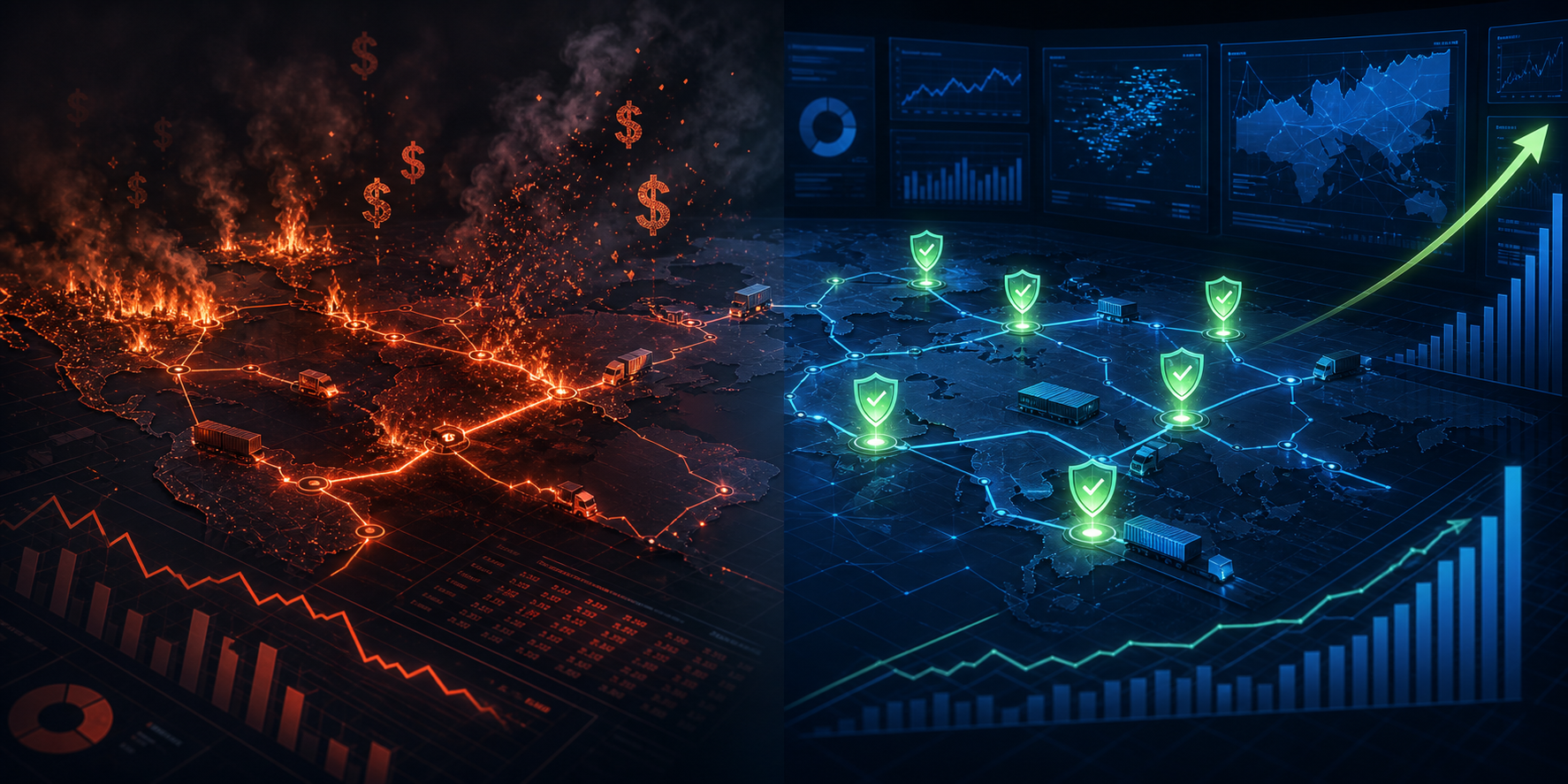 Split visual comparing wildfire disruption costs with AI forecasting investment and ROI protection