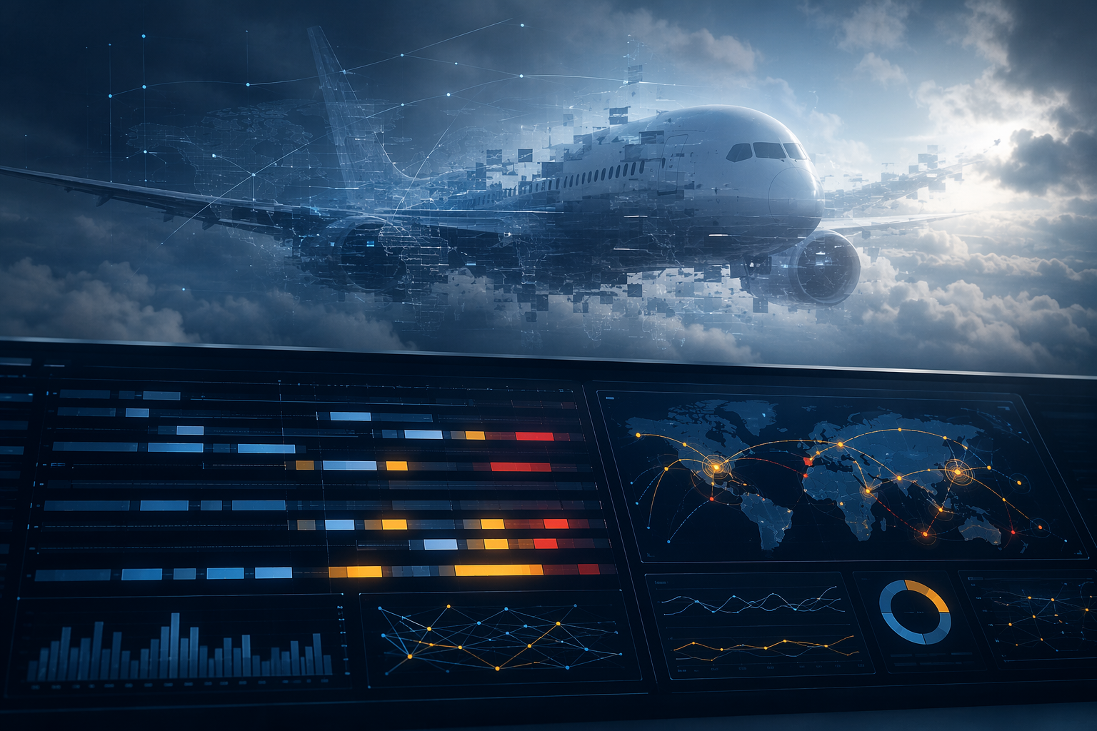 Boeing 787 silhouette approaching through clouds above a disrupted airline operations planning interface