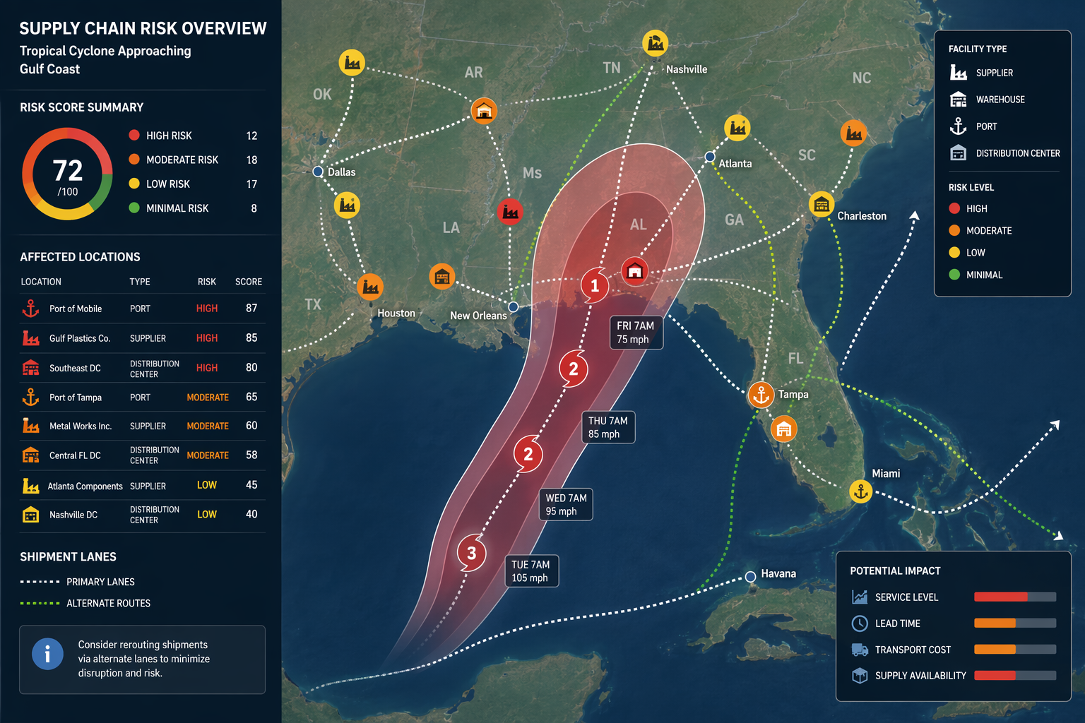 Supply chain risk map with a hurricane geofence, color-coded facilities, shipment lanes, reroute highlights, and risk score panel