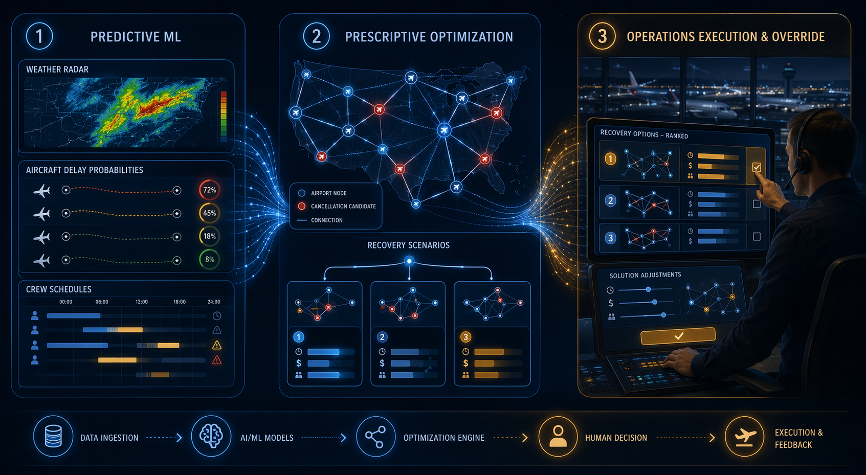 Three-stage AI disruption recovery pipeline from predictive machine learning to prescriptive optimization to operations execution and override