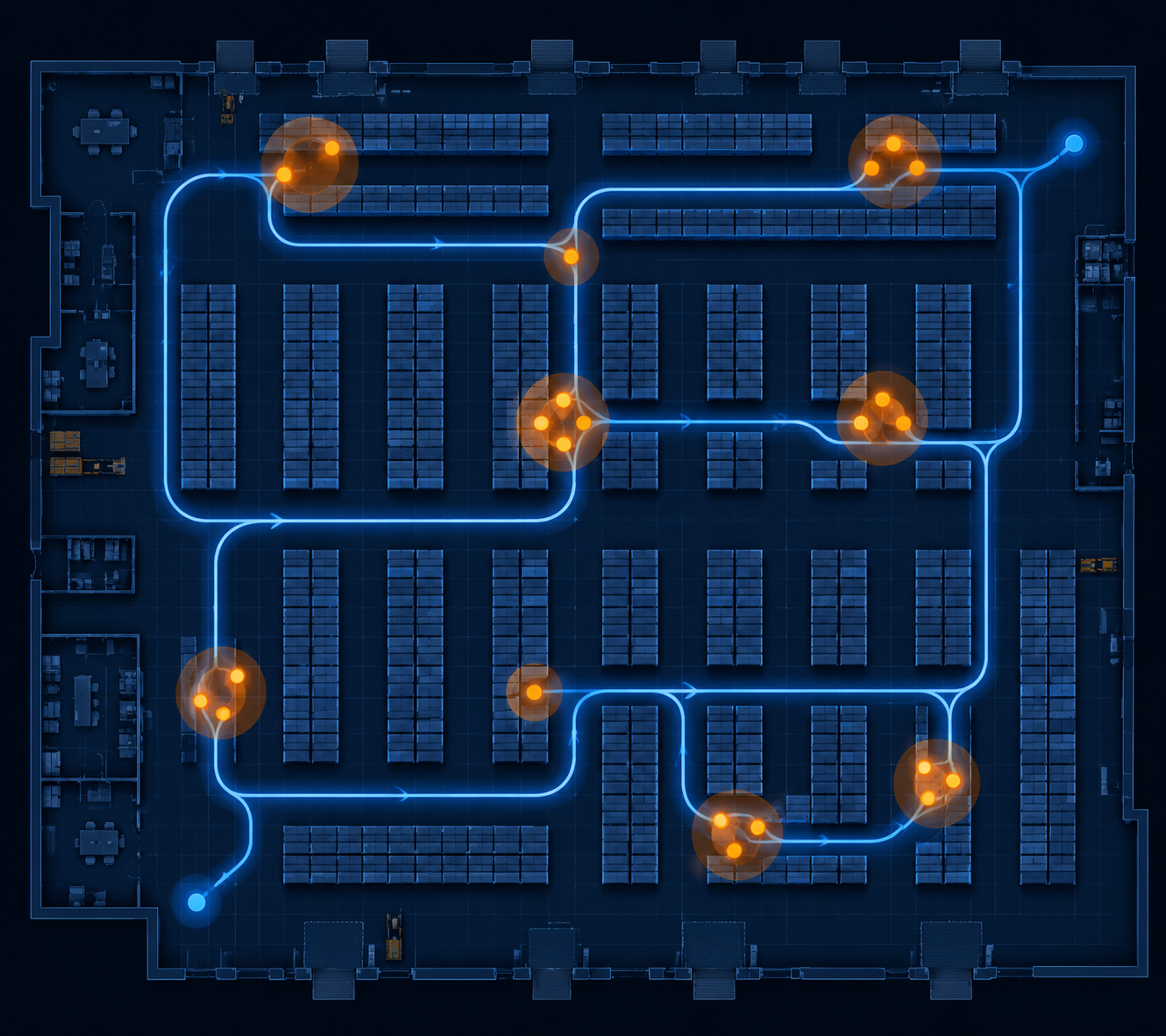 Top-down warehouse floor plan with optimized pick paths and highlighted order clusters