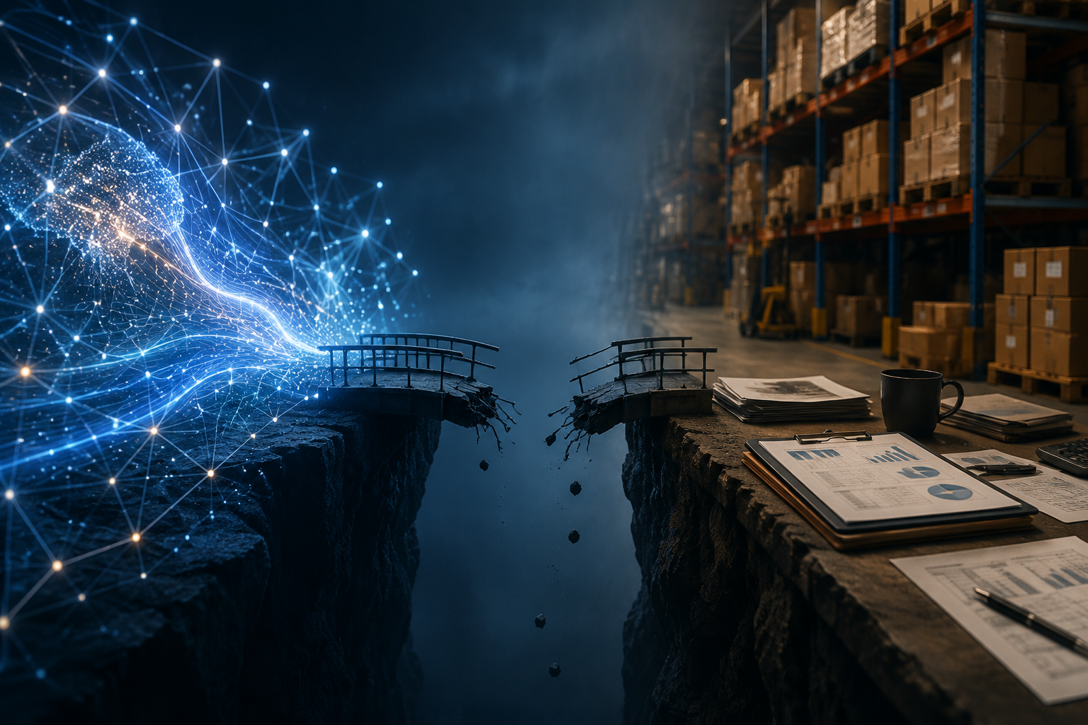 Split image contrasting glowing AI network promise with a realistic warehouse planning desk and operational gap