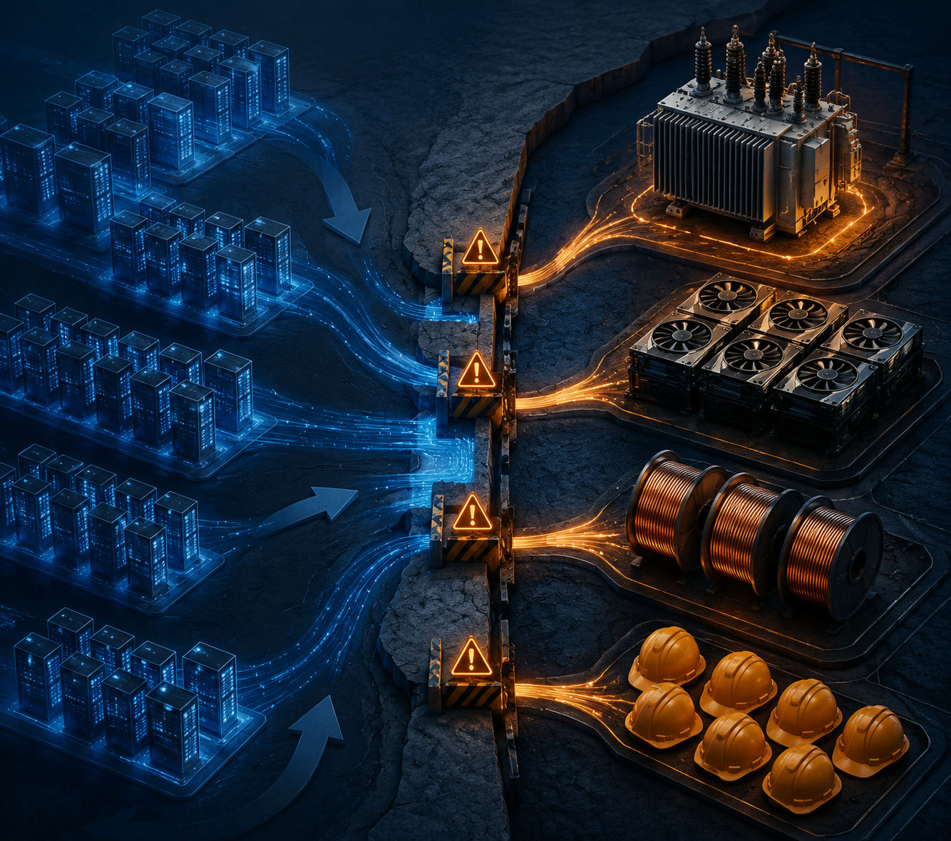 Conceptual illustration of server racks being redirected toward bottlenecks for transformers, GPUs, copper, and construction labor