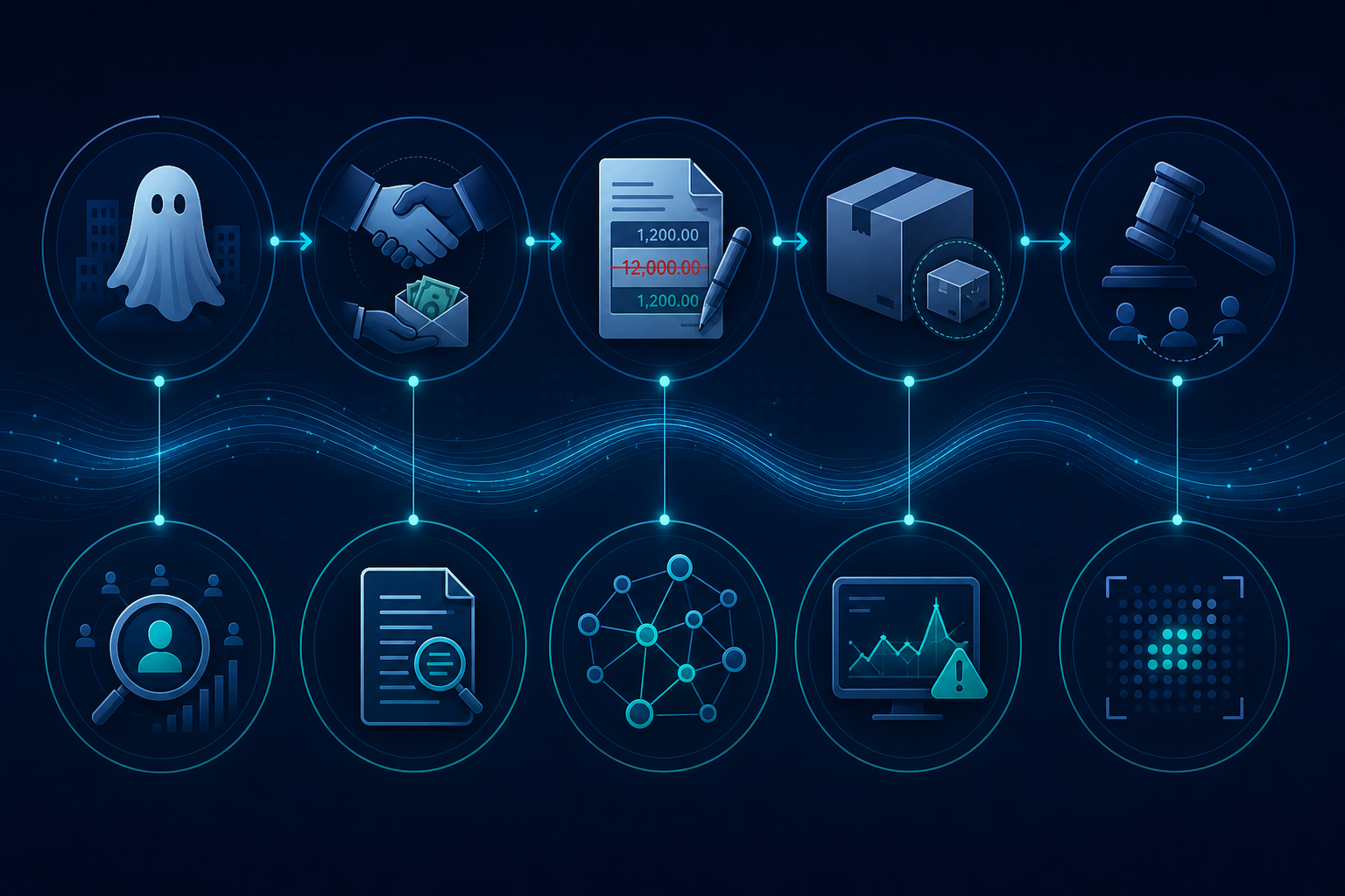 A framework graphic linking five healthcare supply chain fraud types to their matching AI detection methods.
