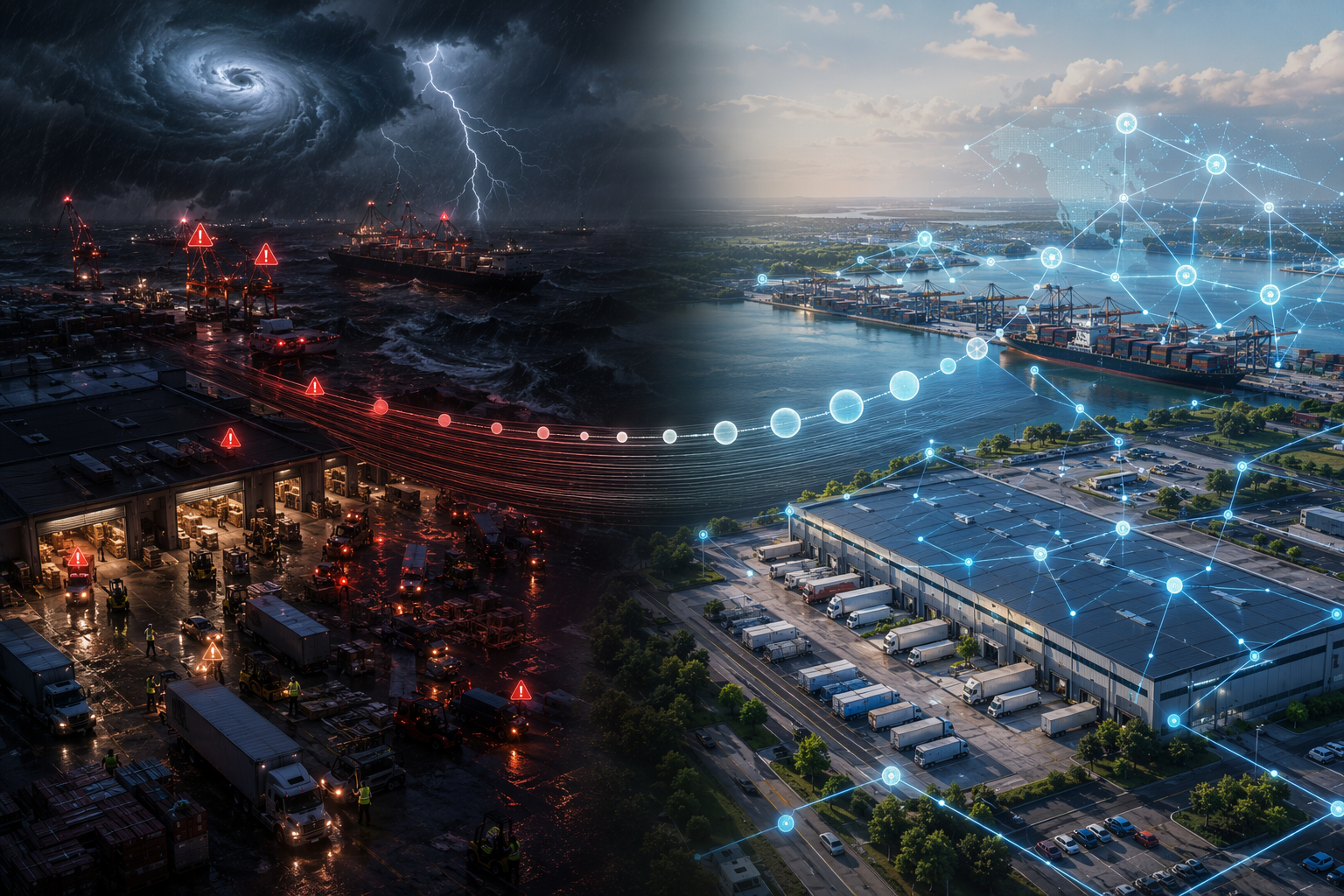 Split-scene aerial view contrasting storm crisis response with proactive AI-powered supply chain planning