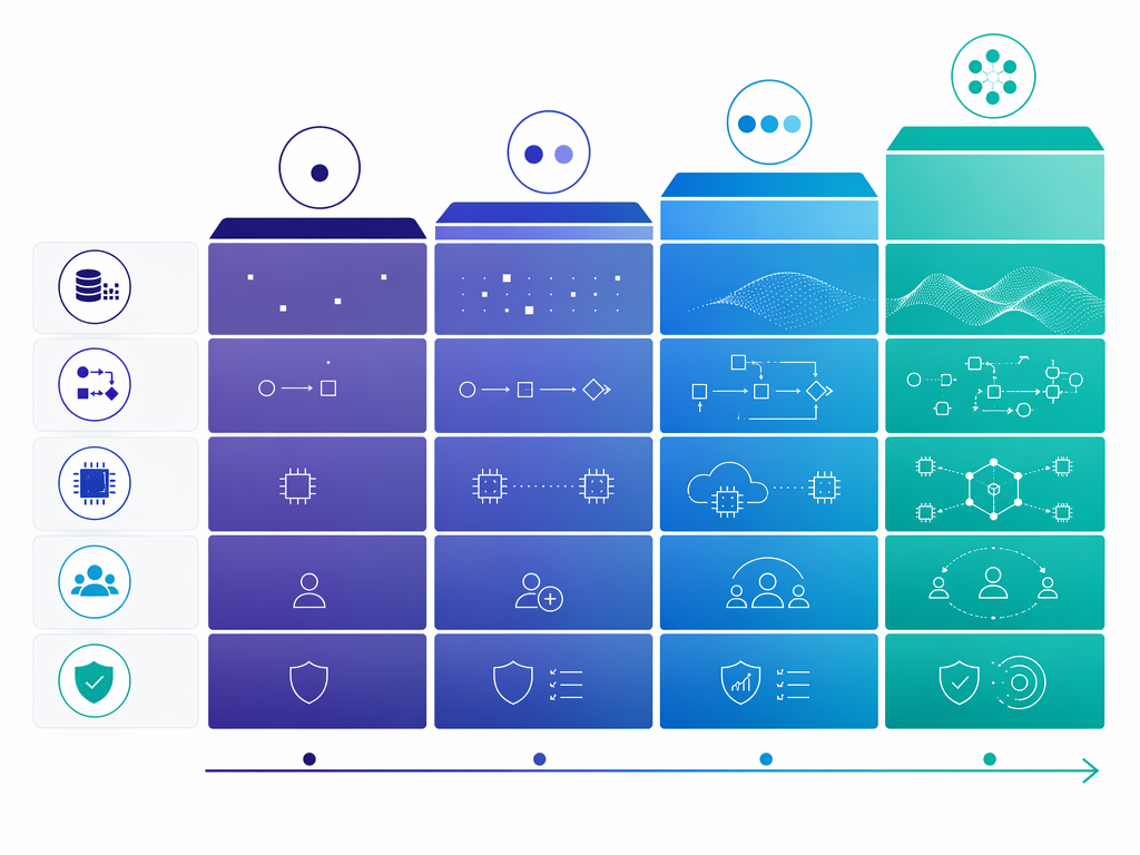 AI maturity matrix showing stages from foundational to autonomous across data, process, technology, people, and governance dimensions