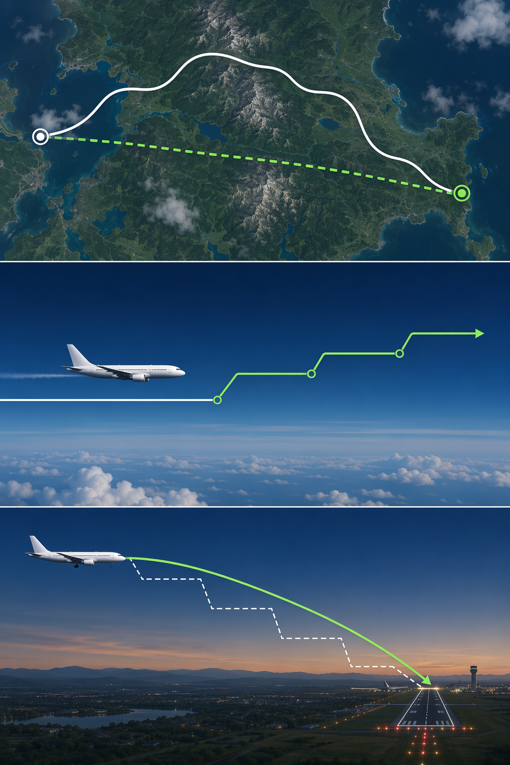 Diagram comparing lateral route optimization, vertical step climbs, and continuous descent approach optimization