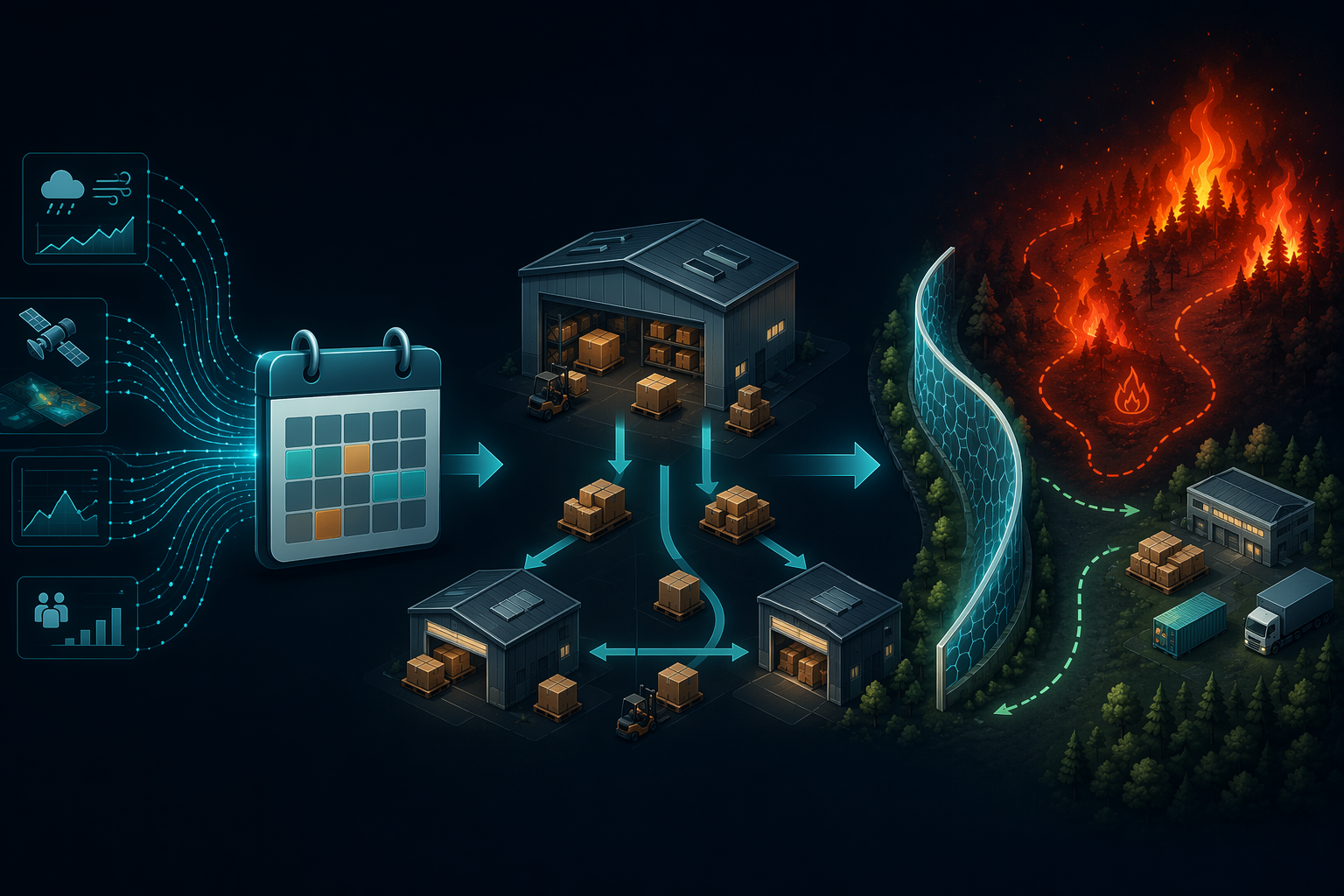 Seasonal AI forecast timeline showing inventory prepositioning before a wildfire disruption window