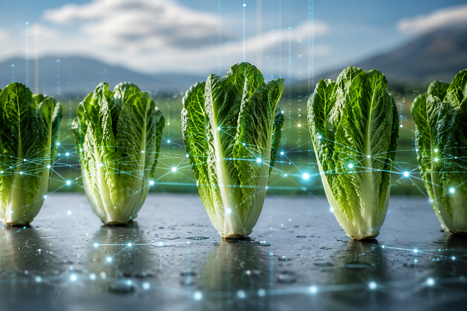 Fresh romaine lettuce heads with digital traceability network lines