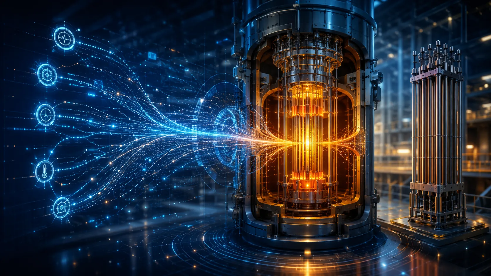 AI analytics data streams flowing through a schematic nuclear reactor core and fuel assembly infrastructure