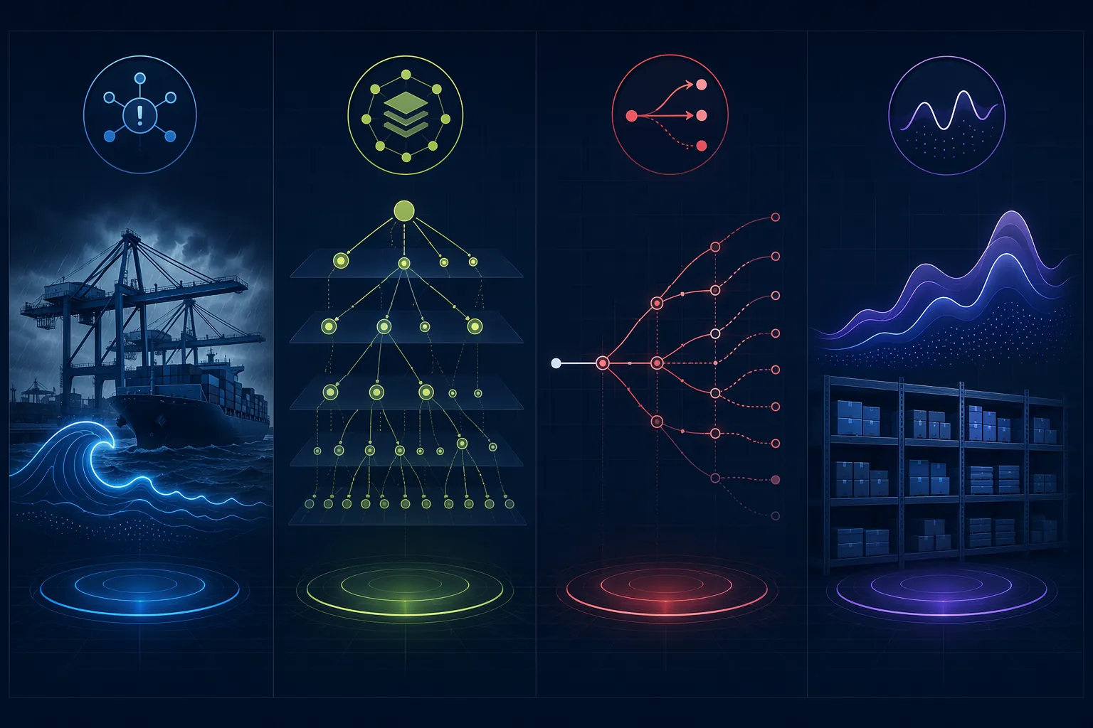 Four-column comparison framework showing port disruption, multi-tier supplier exposure, scenario branches, and demand spike patterns