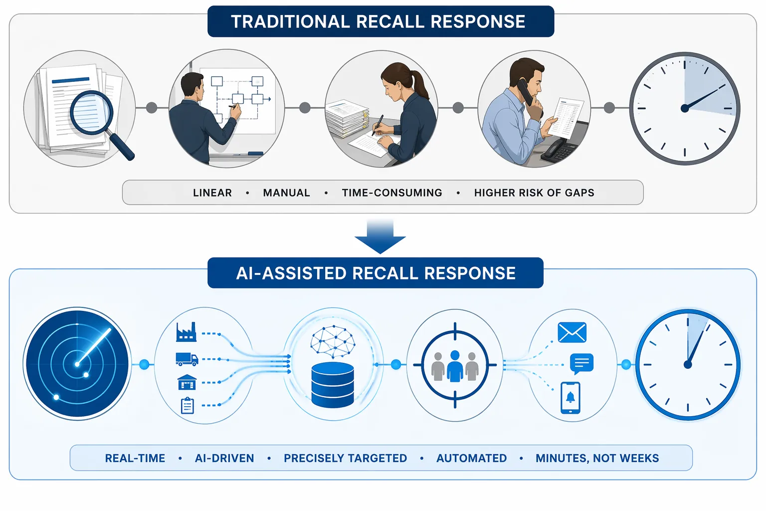 Traditional pharmaceutical recall timeline compared with an AI-assisted recall timeline