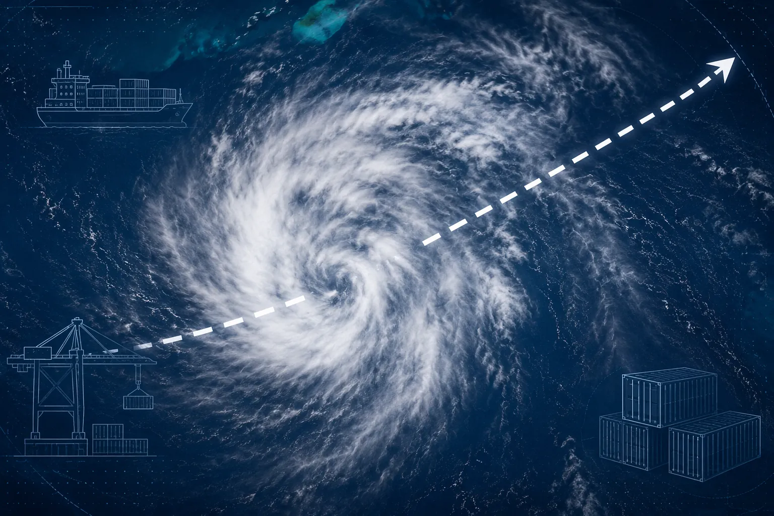 Satellite-style tropical cyclone with a confident projected track and uncertain inner core near supply chain icons
