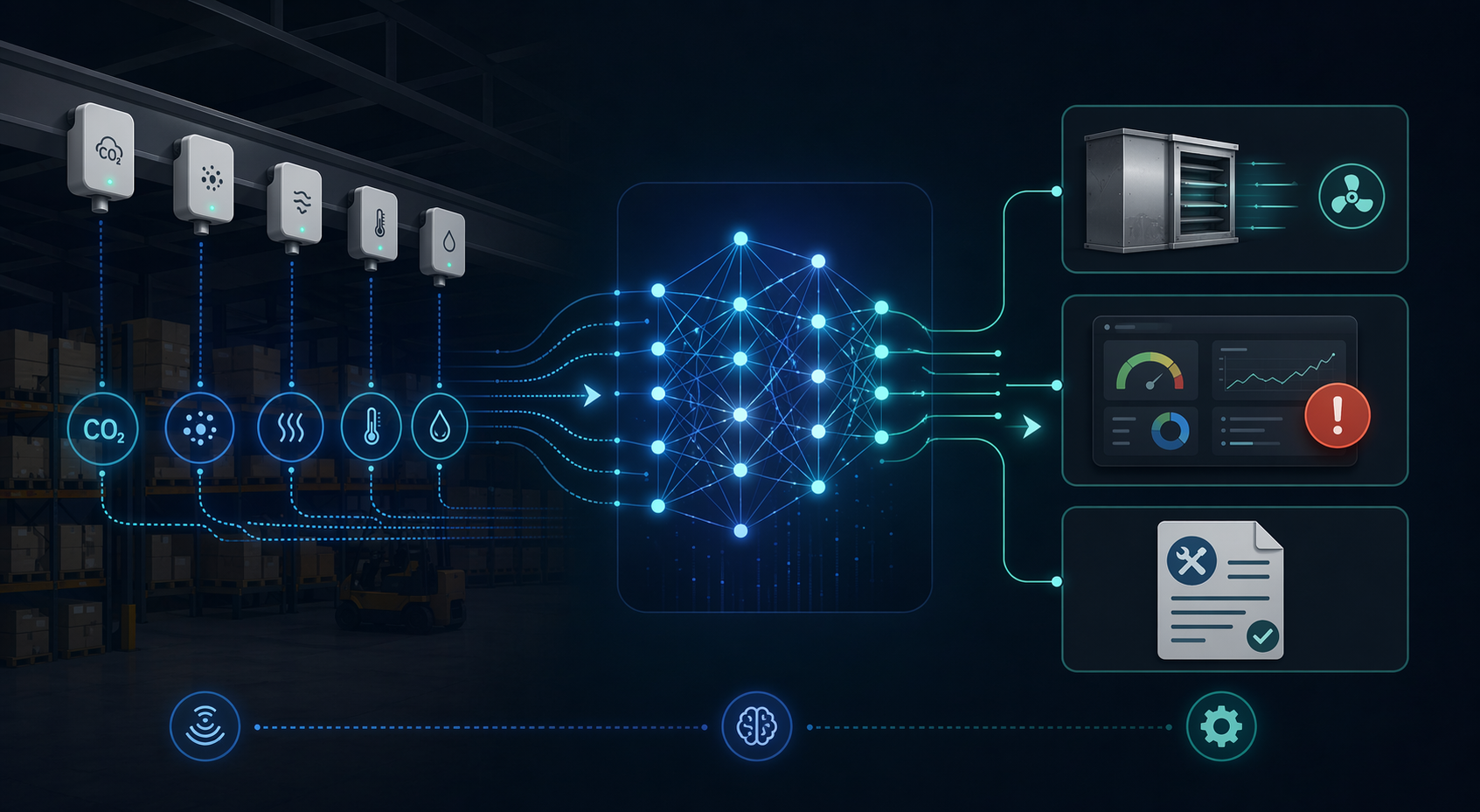 Workflow diagram showing warehouse IoT sensors feeding machine learning outputs for HVAC adjustment, alerts, and maintenance work orders