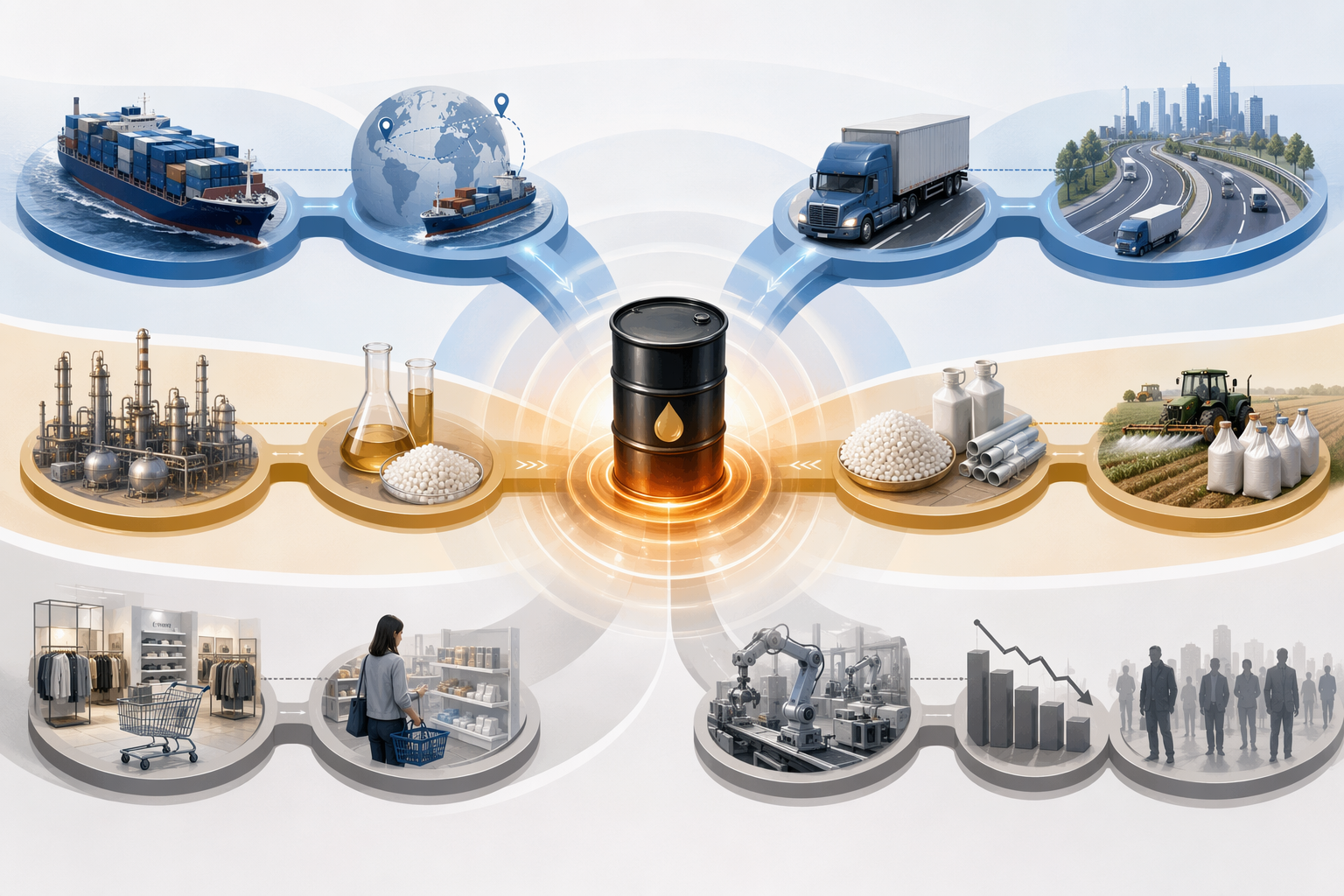 Infographic of an energy price shock radiating into transportation, raw material input, and consumer demand disruption channels