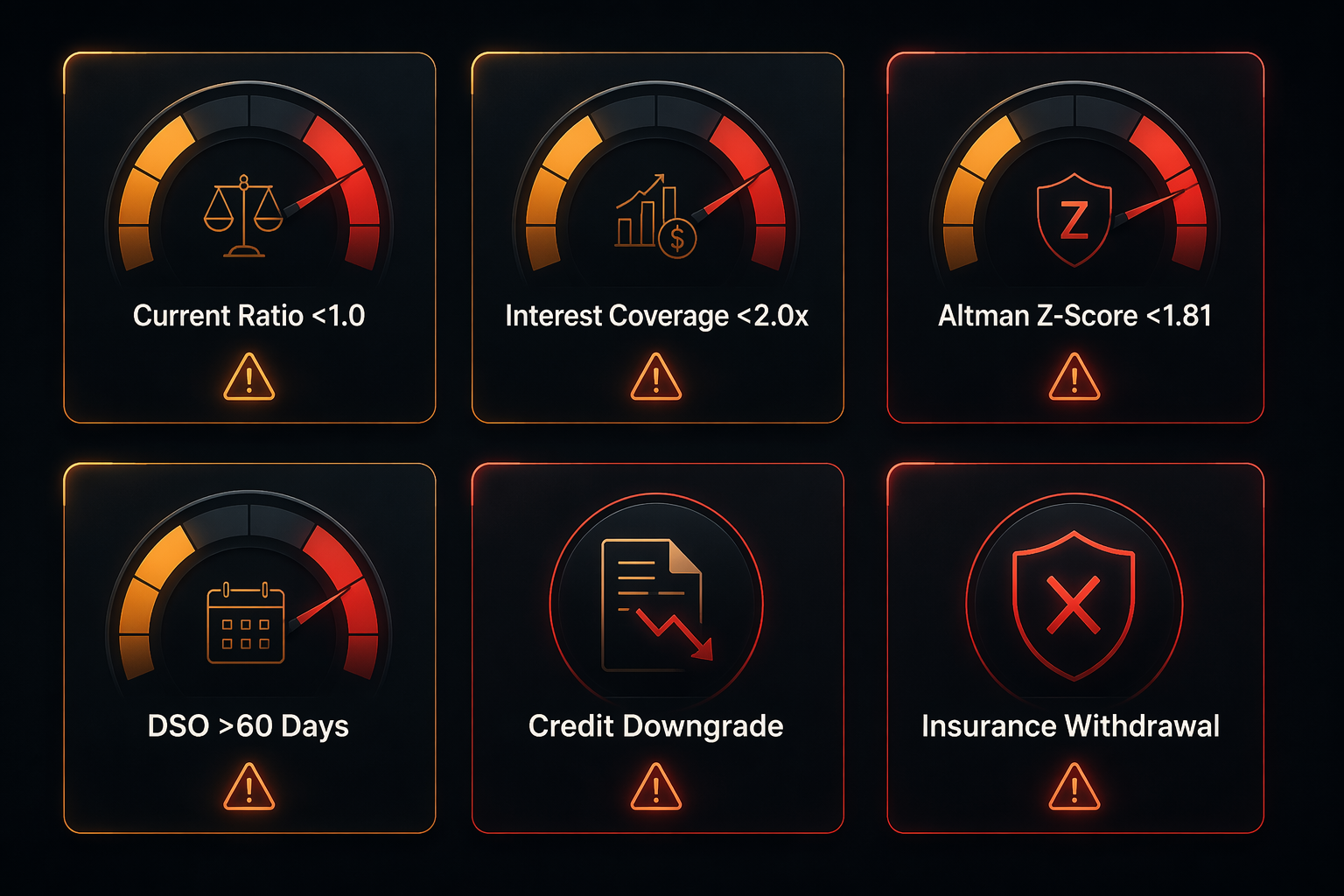 Dashboard gauges for current ratio, interest coverage, Altman Z-score, DSO days, credit downgrades, and insurance withdrawal