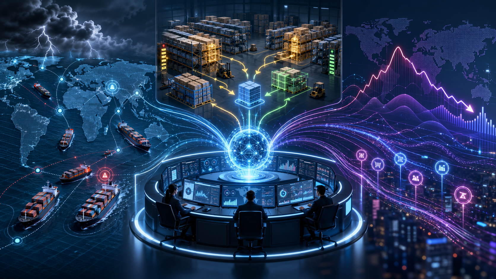 AI supply chain control tower connecting maritime vessel tracking, inventory optimization, and demand sensing layers