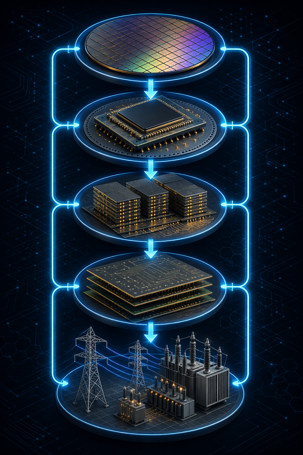Vertical diagram of five linked AI chip supply chain stages from wafer fabrication to power infrastructure