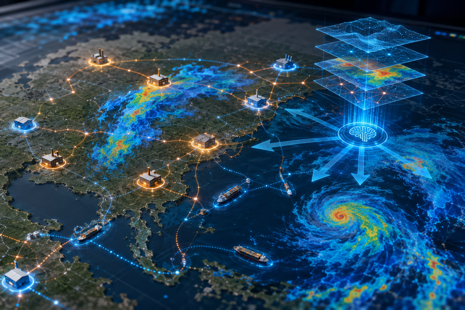 Supply chain network map with warehouse, port, supplier nodes, logistics routes, flood radar data streams, AI analytics layers, and decision arrows