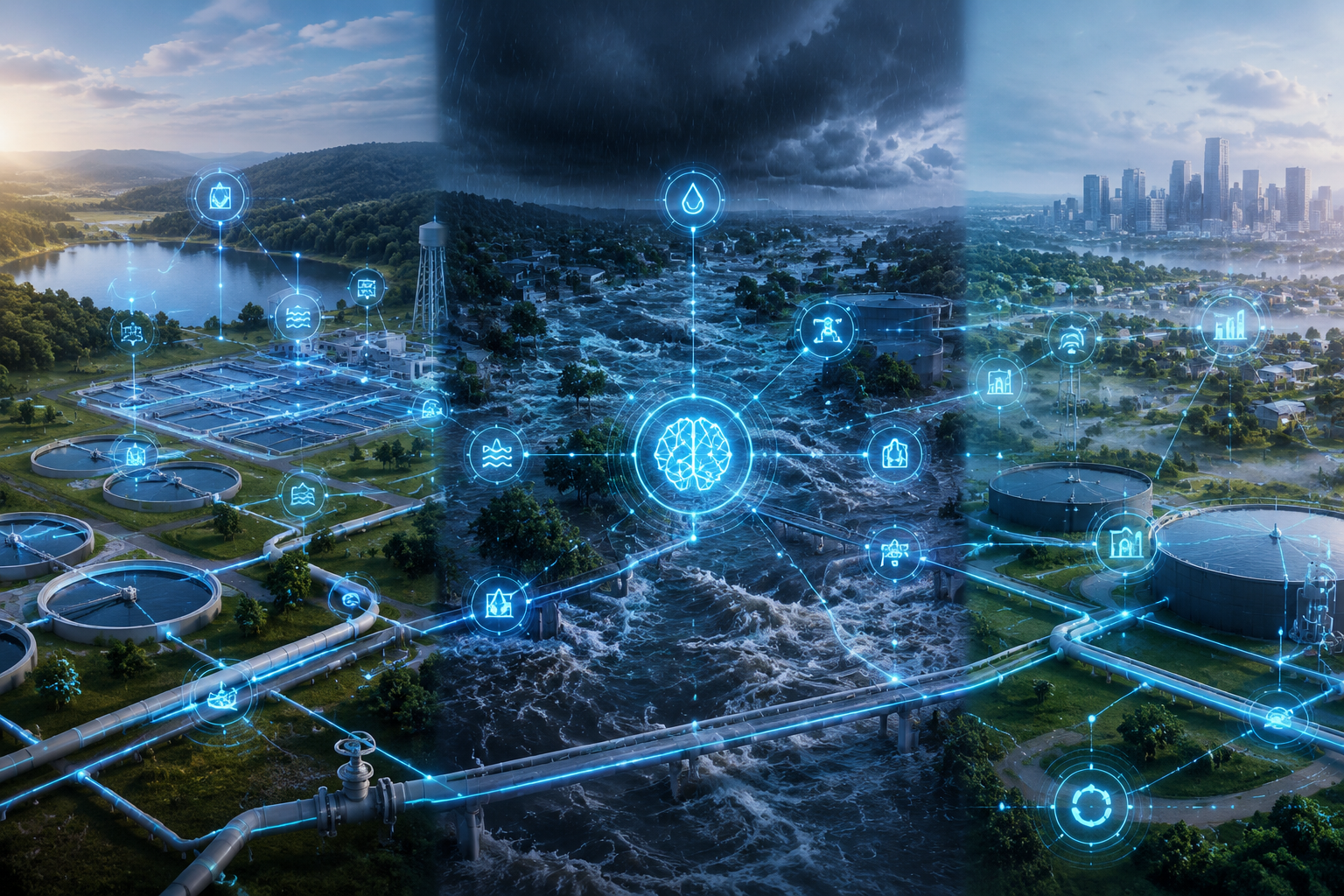 Water supply chain network across pre-flood, active flood, and post-flood recovery conditions with connected data pathways