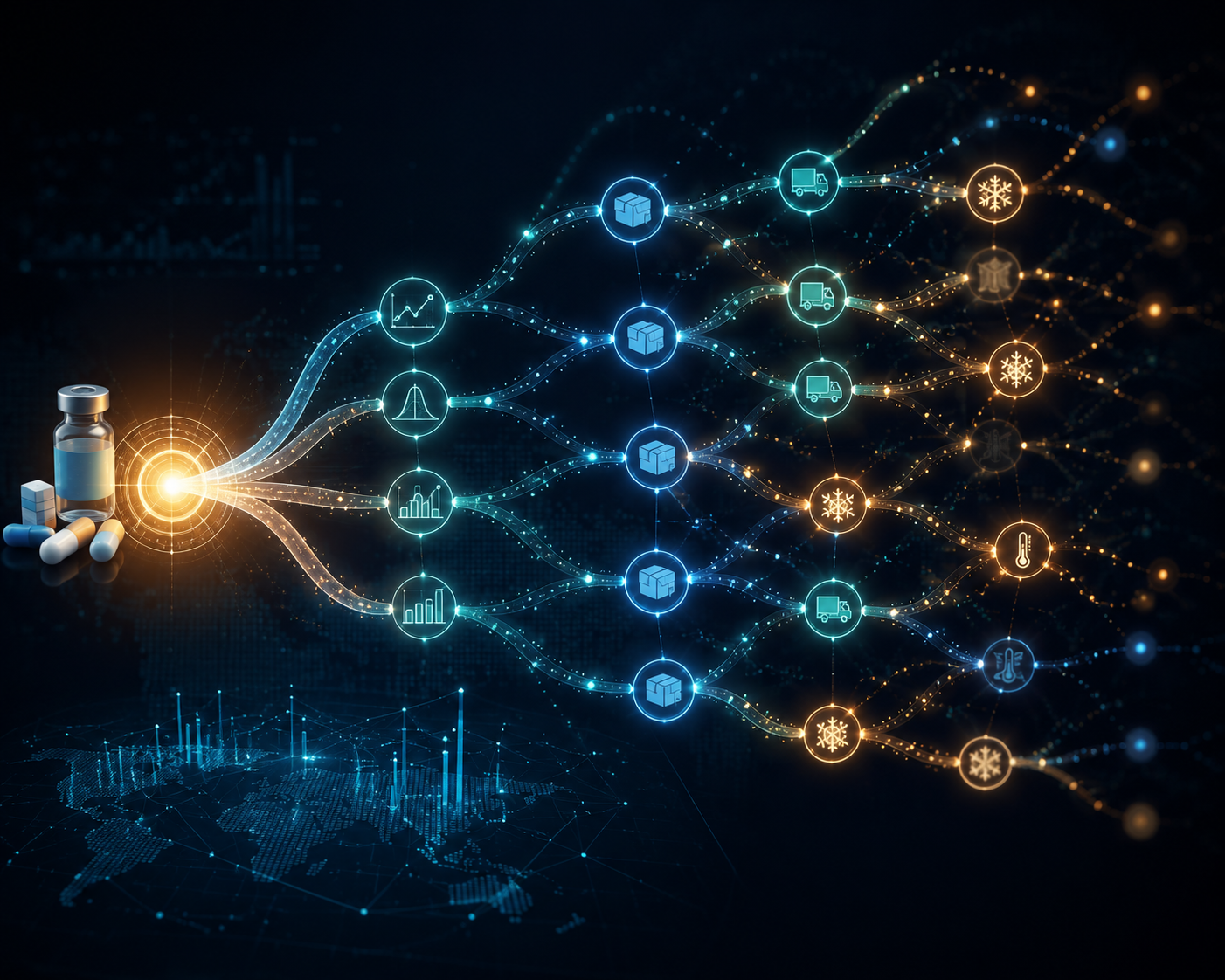 Branching probability pathways flowing from a central pharmaceutical launch point
