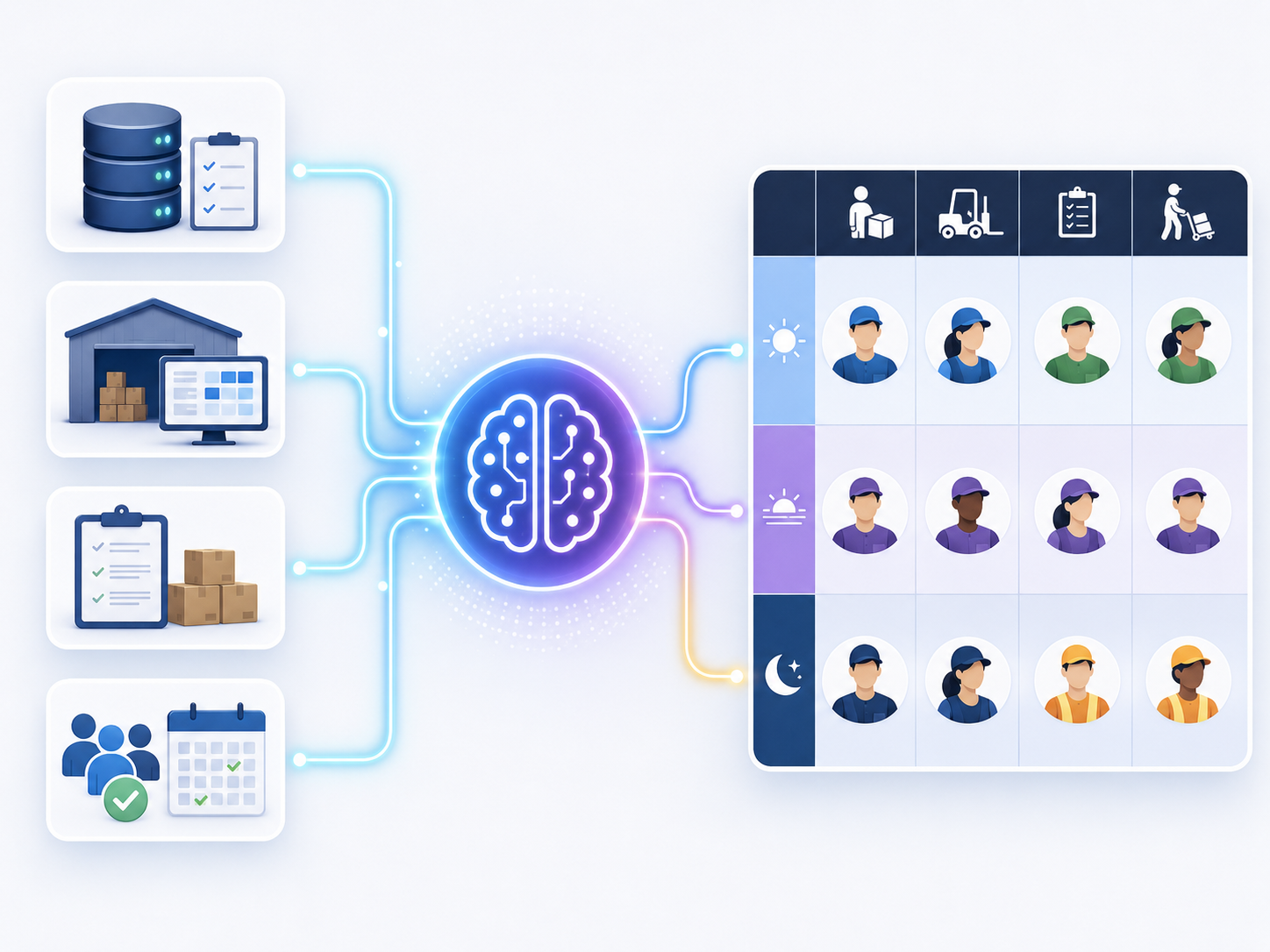 Diagram of AI warehouse labor planning inputs flowing through an AI model into shift-based worker assignments