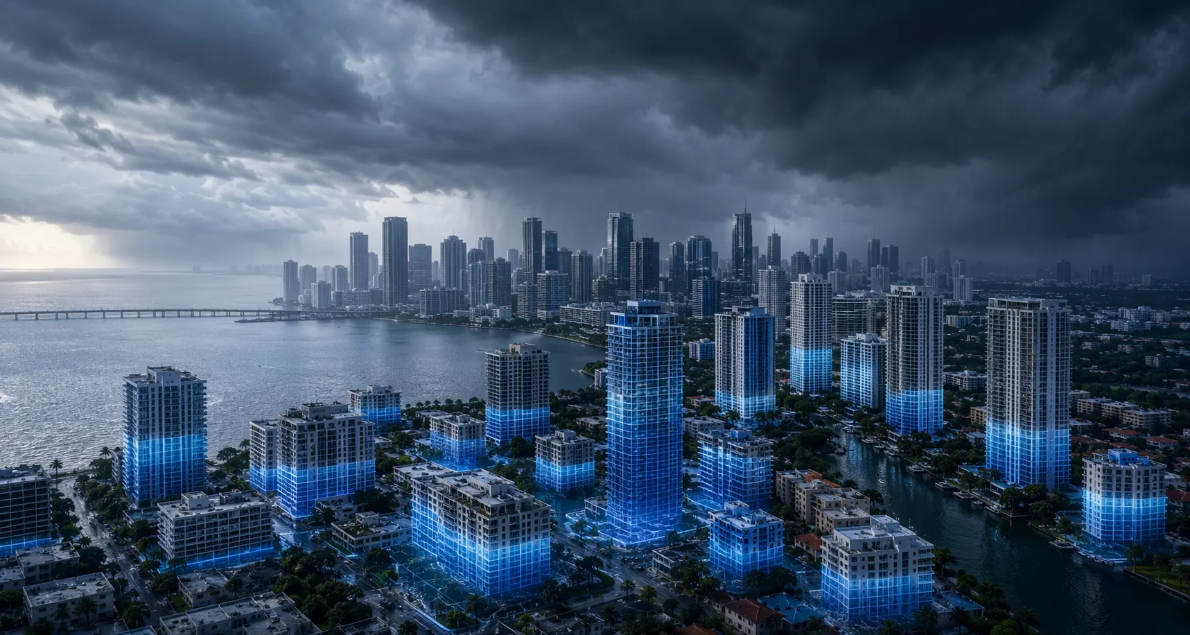 Coastal city under a tropical storm sky with building-level flood prediction overlays