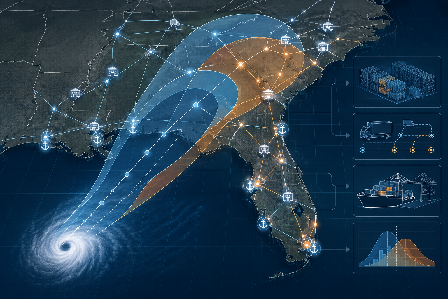 Hurricane track probability cones over southeastern supply chain nodes and routes