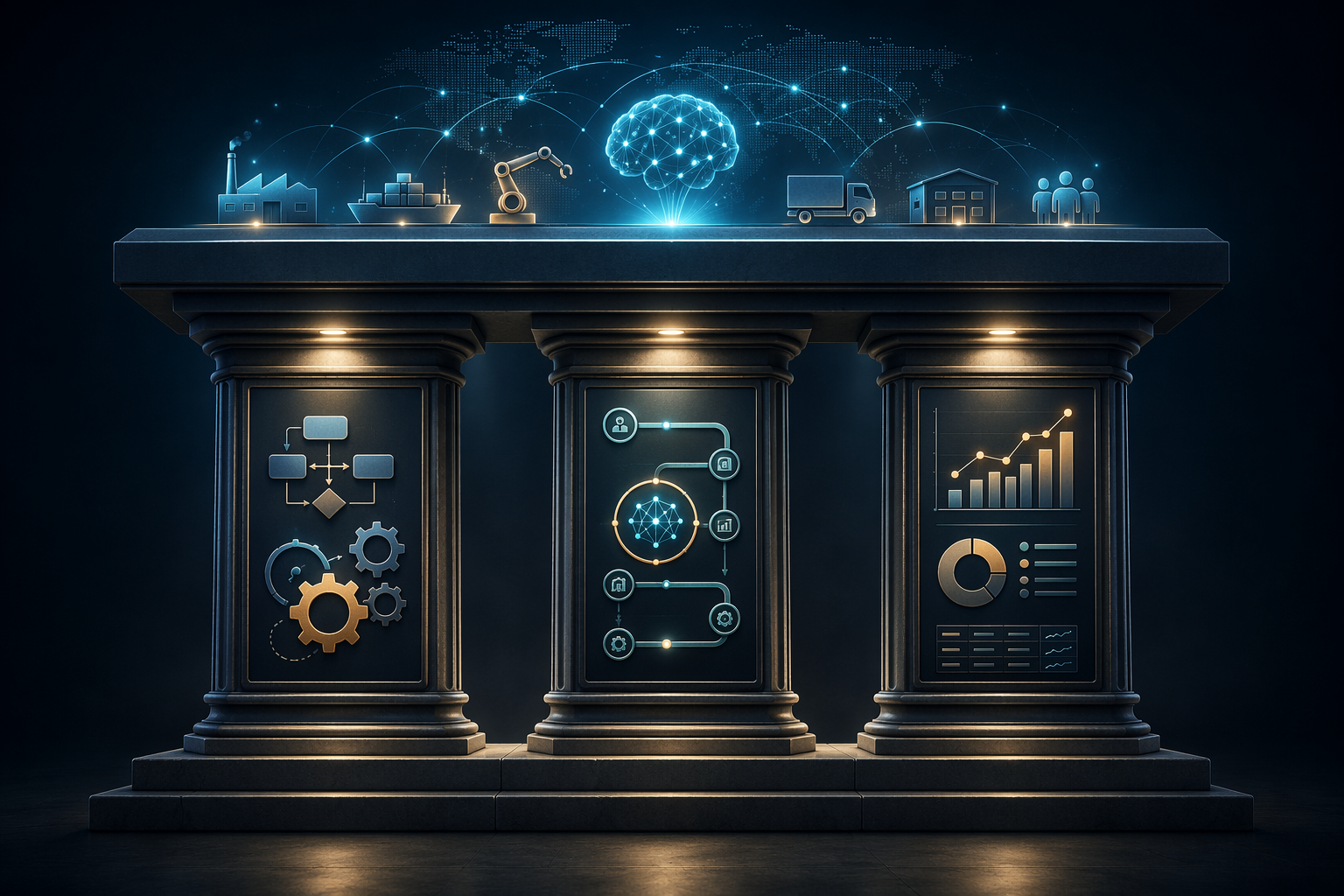 Three pillars showing process standardization, workflow integration, and financial metrics supporting supply chain AI results