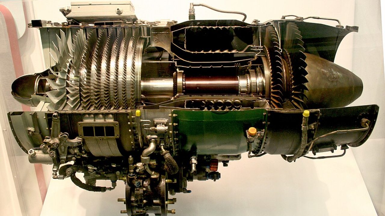 GE J85 turbojet engine mounted on a display stand