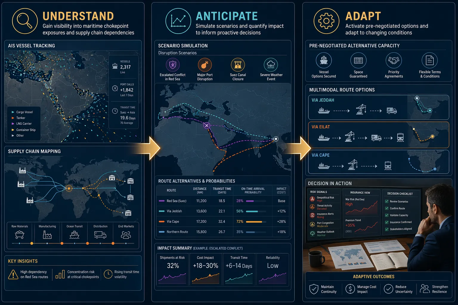 Workflow illustration of Understand Anticipate Adapt for maritime chokepoint risk assessment