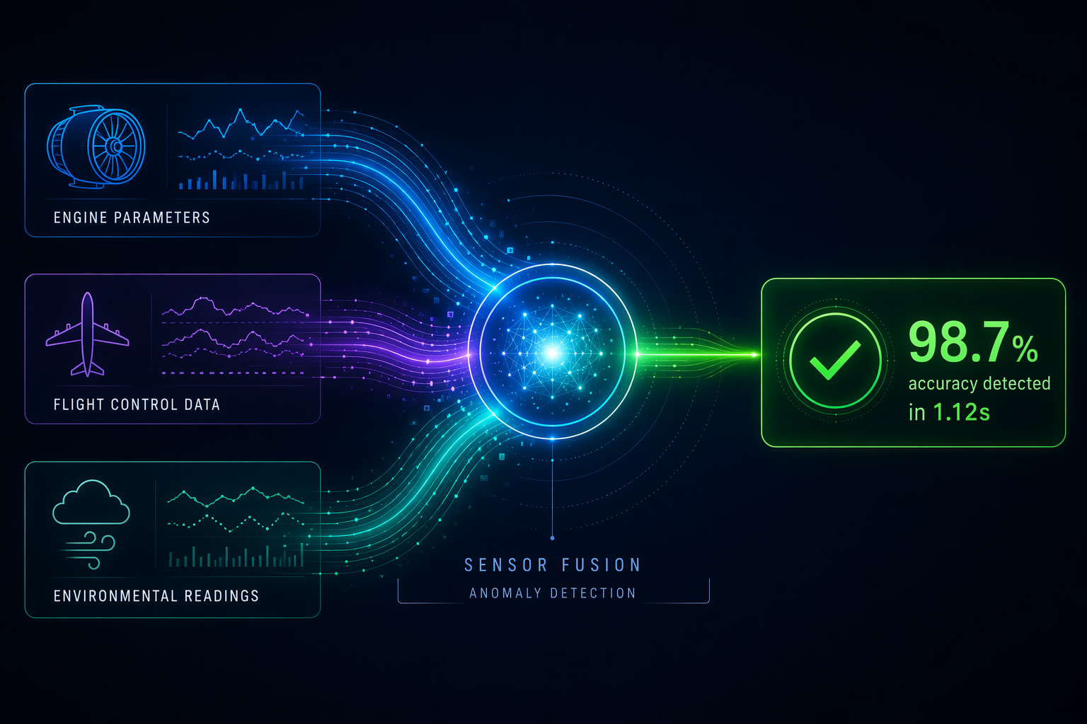 Multiple sensor data streams flowing into a central fusion node with 98.7 percent detected in 1.12 seconds