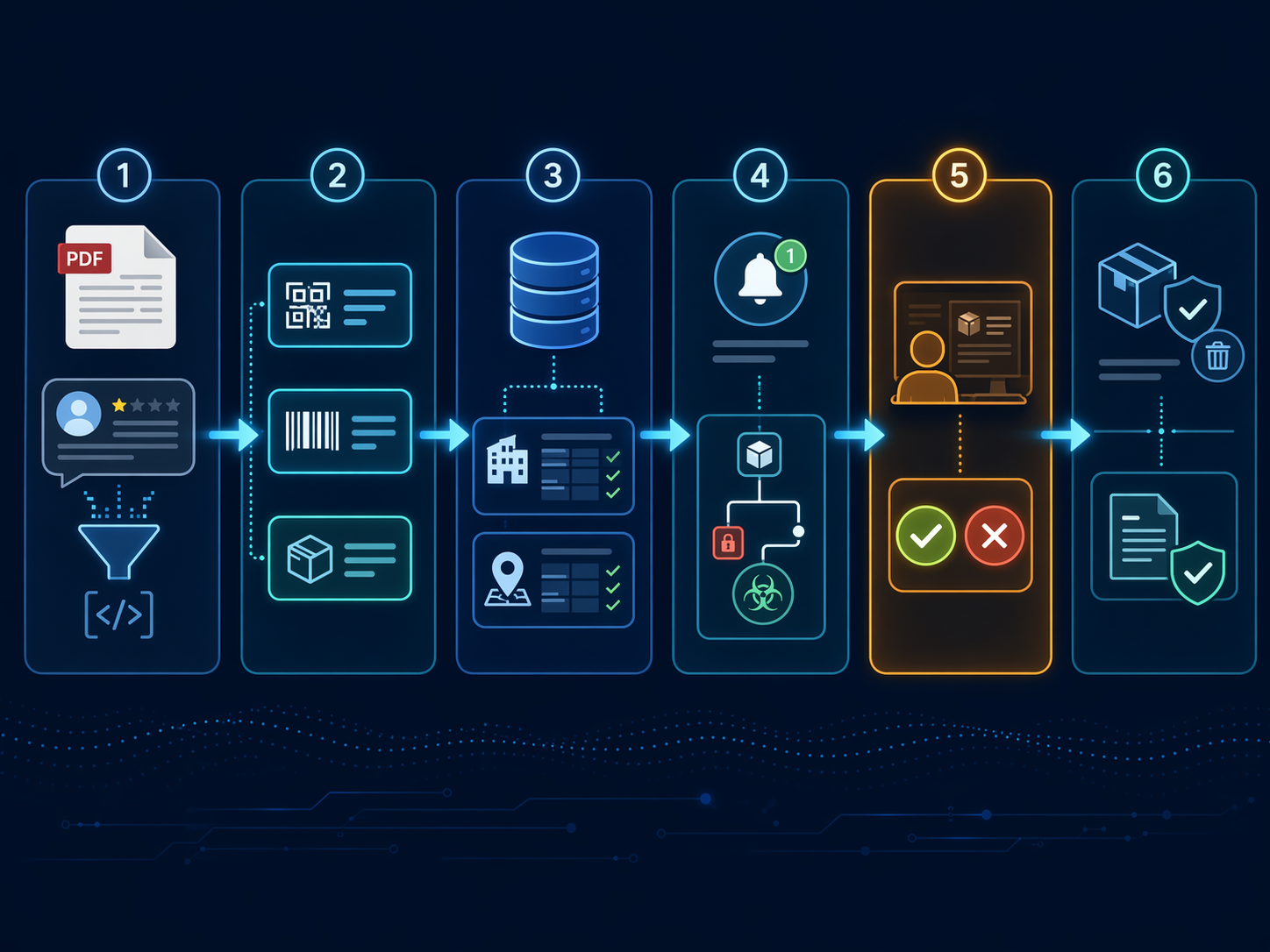A six-stage AI recall workflow from signal ingest through reconciliation logging
