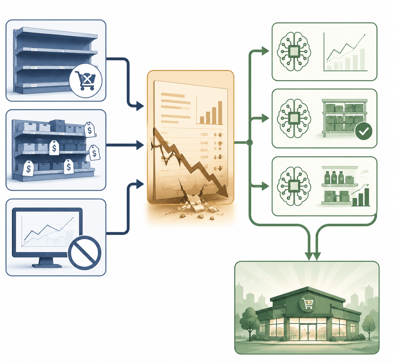 Diagram of stockouts, overstock, and forecast error flowing into store P&L erosion and redirected by AI intervention pathways